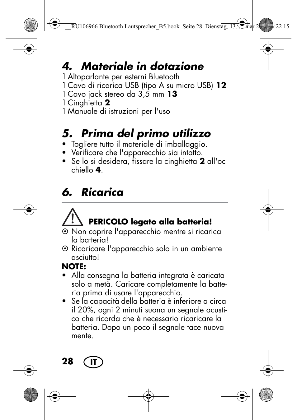 Materiale in dotazione, Prima del primo utilizzo, Ricarica | Silvercrest SBL 44 A1 User Manual | Page 30 / 106