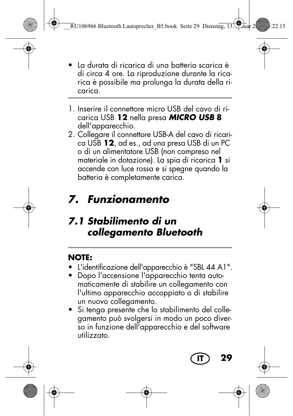 Funzionamento, 1 stabilimento di un collegamento bluetooth | Silvercrest SBL 44 A1 User Manual | Page 31 / 106