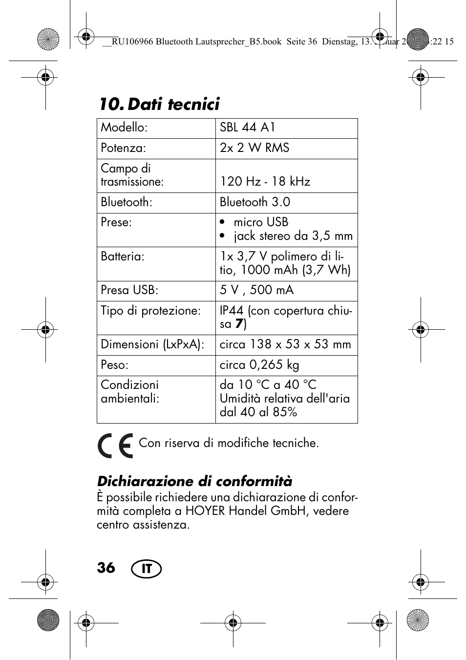 Dati tecnici | Silvercrest SBL 44 A1 User Manual | Page 38 / 106