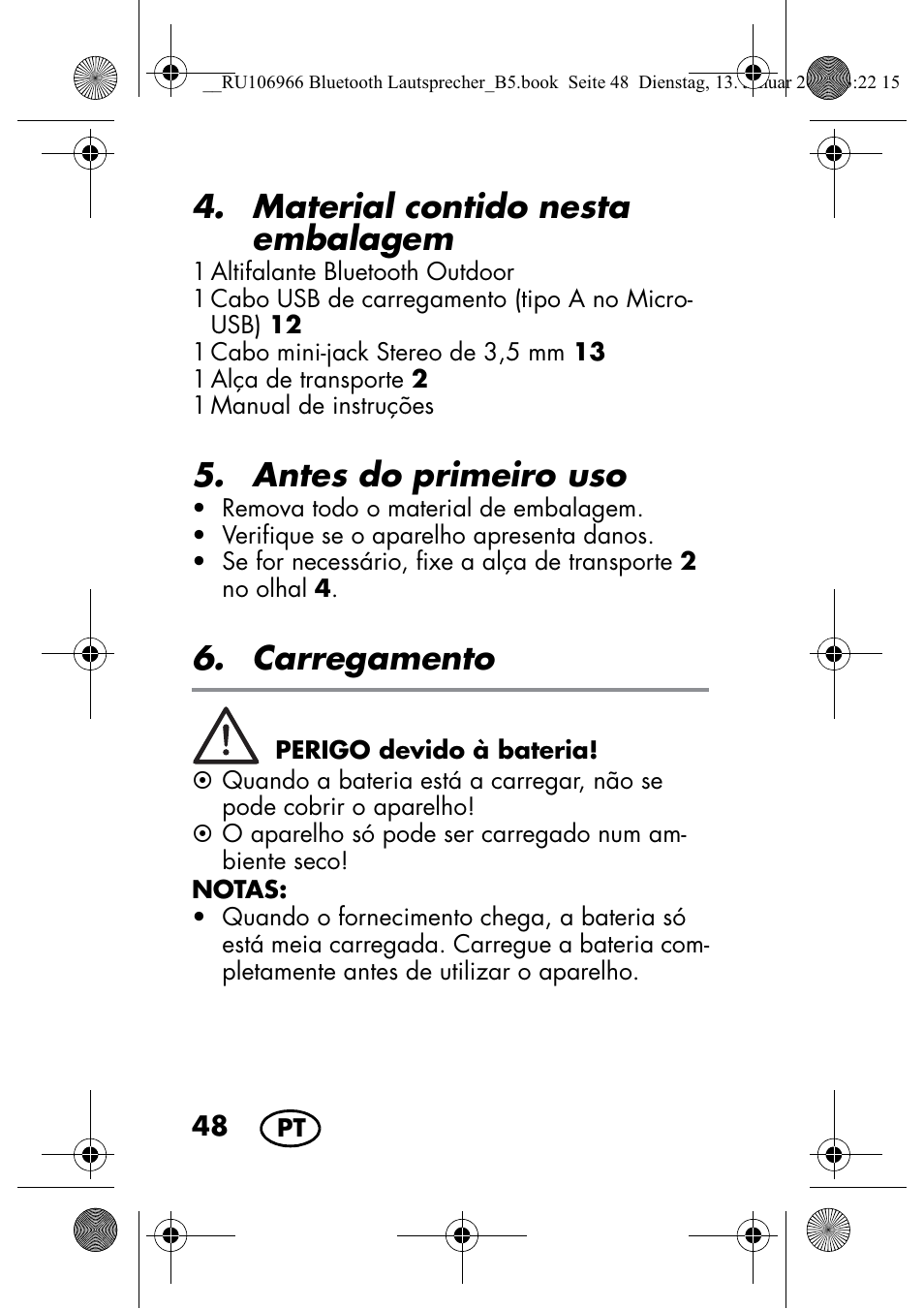 Material contido nesta embalagem, Antes do primeiro uso, Carregamento | Silvercrest SBL 44 A1 User Manual | Page 50 / 106