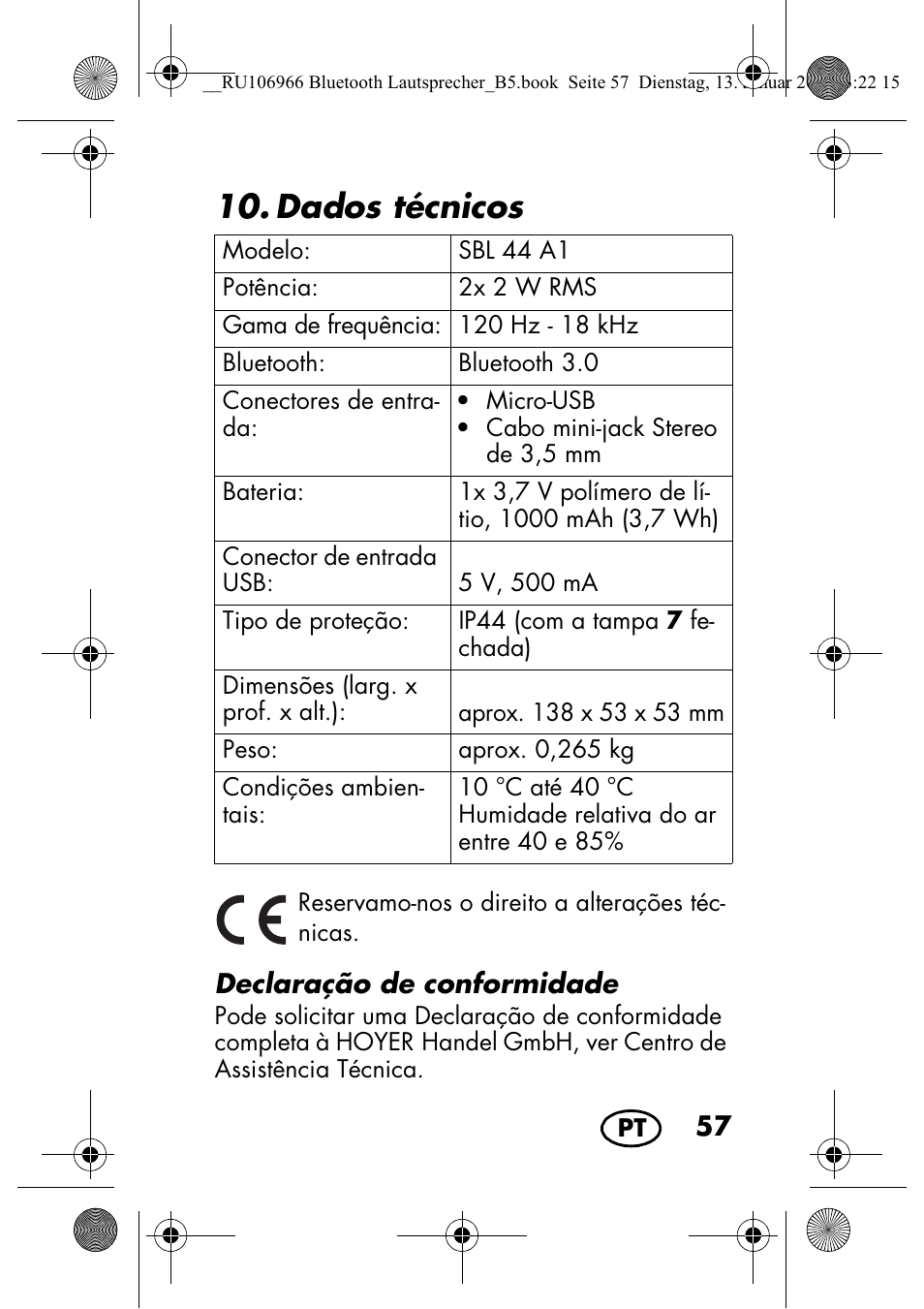 Dados técnicos | Silvercrest SBL 44 A1 User Manual | Page 59 / 106