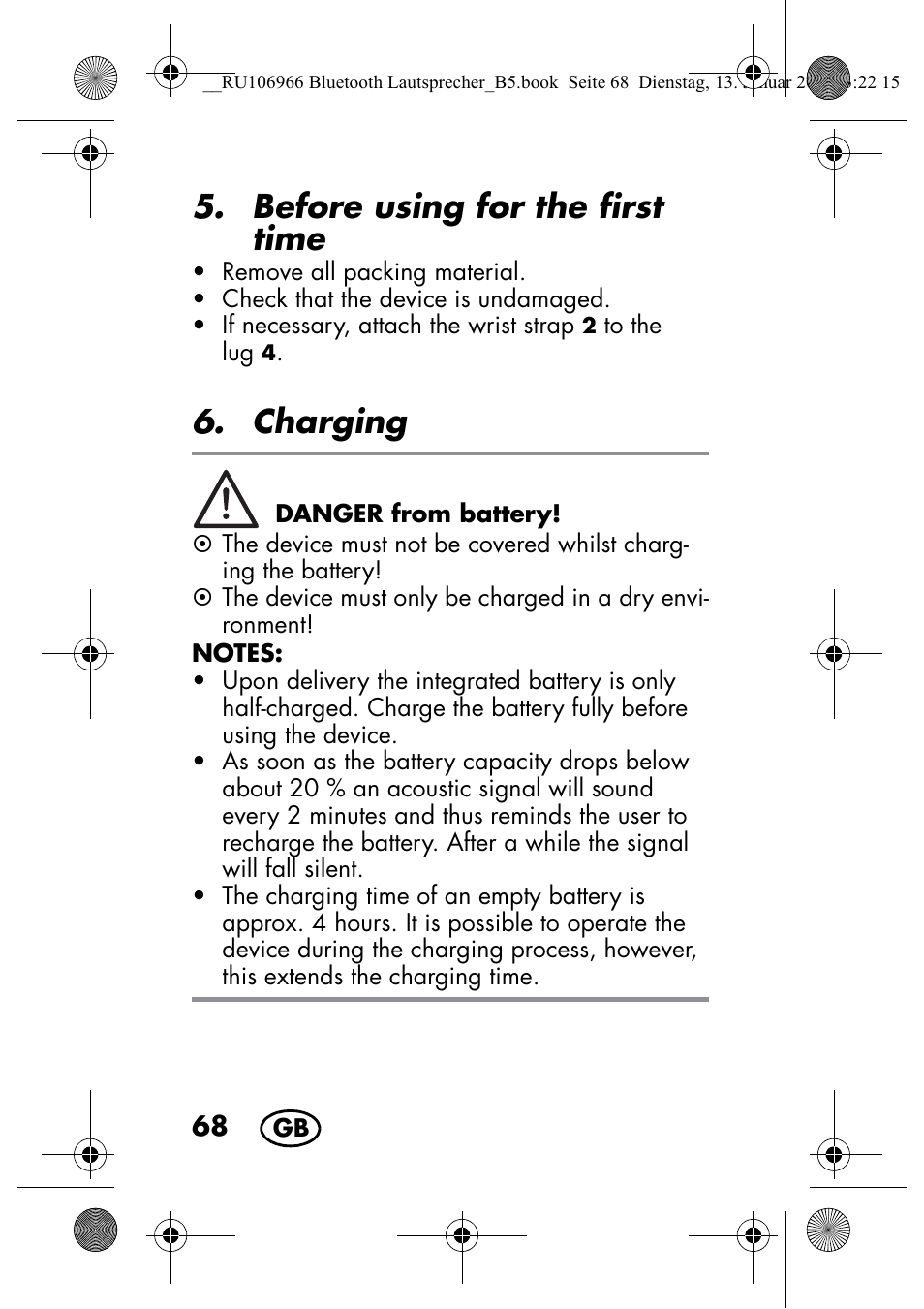 Before using for the first time, Charging | Silvercrest SBL 44 A1 User Manual | Page 70 / 106