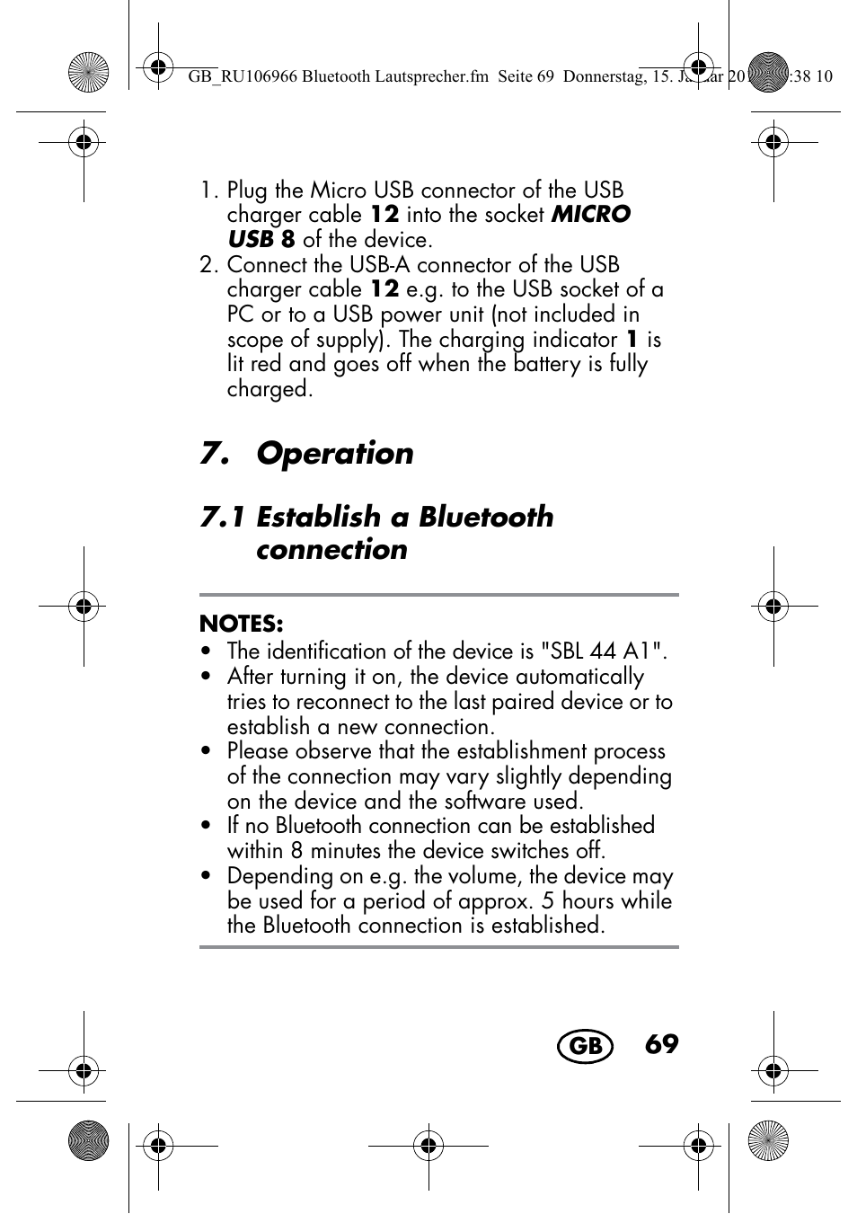 Operation, 1 establish a bluetooth connection | Silvercrest SBL 44 A1 User Manual | Page 71 / 106