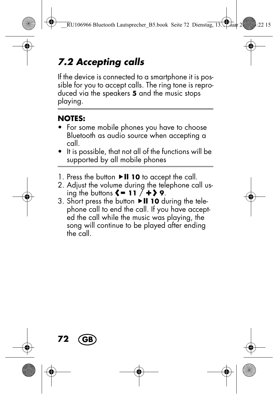 2 accepting calls | Silvercrest SBL 44 A1 User Manual | Page 74 / 106
