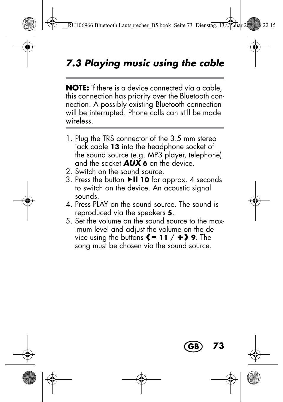 3 playing music using the cable | Silvercrest SBL 44 A1 User Manual | Page 75 / 106