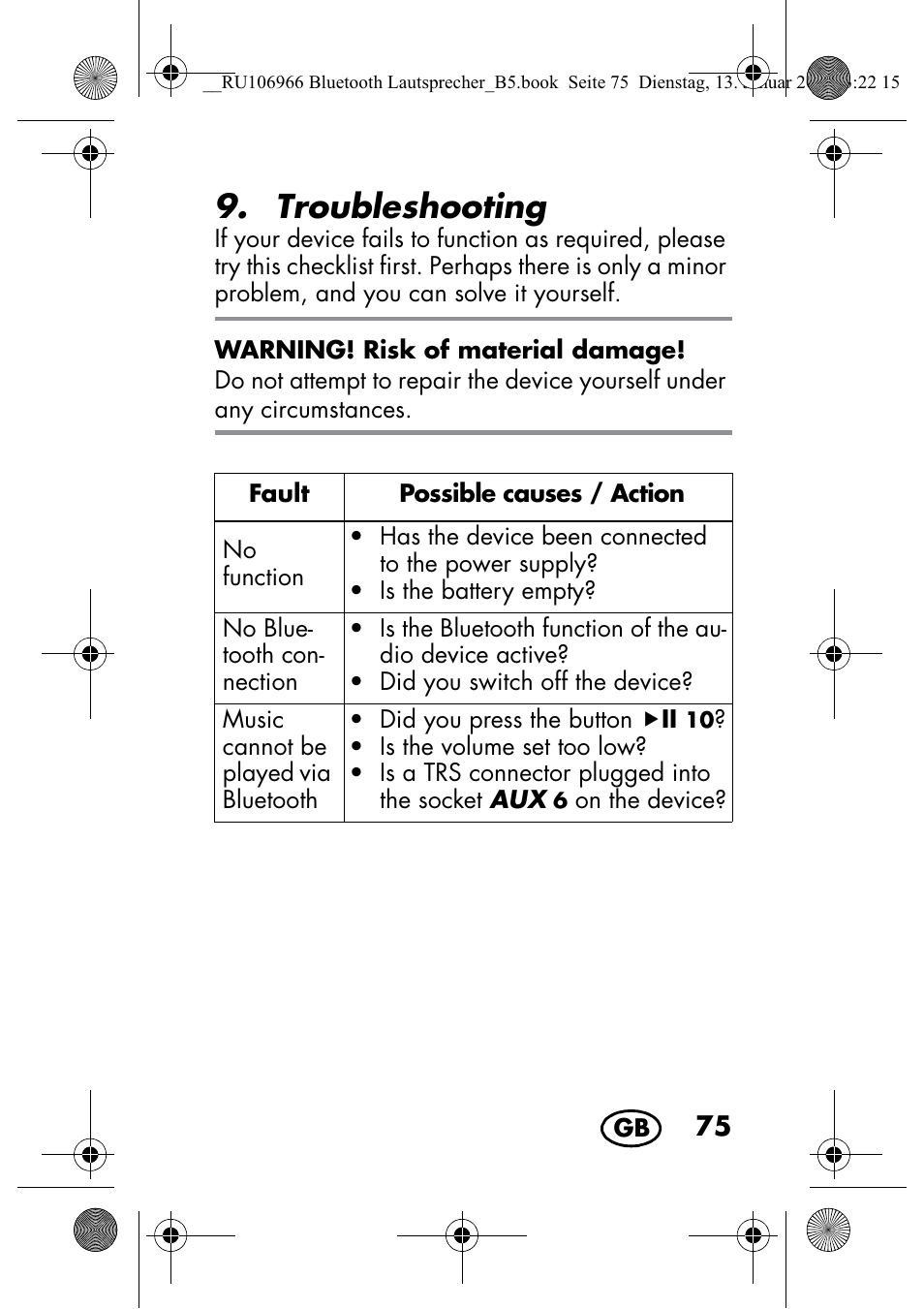 Troubleshooting | Silvercrest SBL 44 A1 User Manual | Page 77 / 106