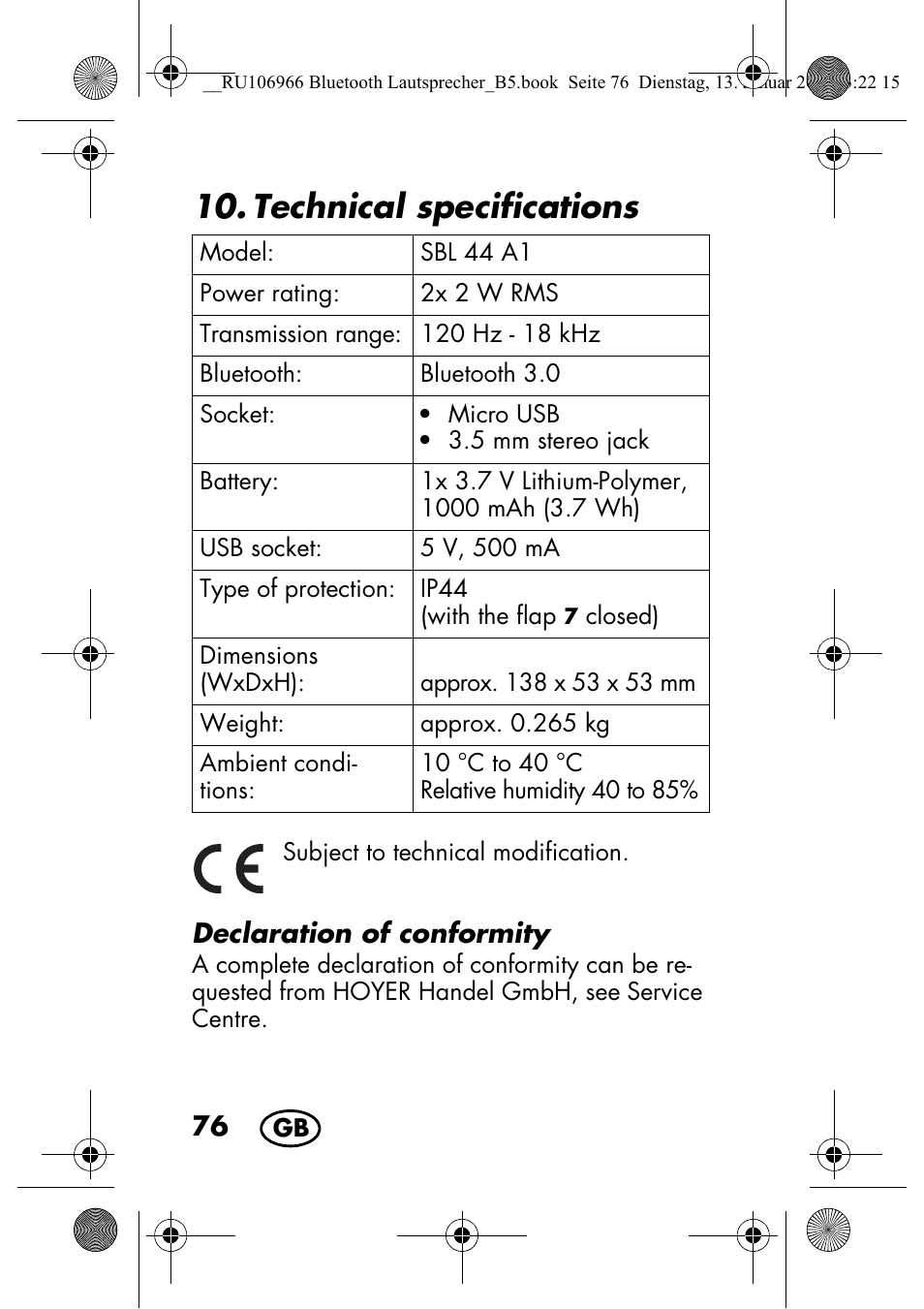 Technical specifications | Silvercrest SBL 44 A1 User Manual | Page 78 / 106