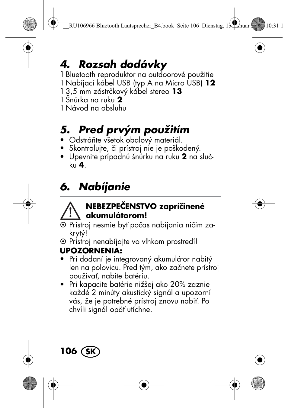 Rozsah dodávky, Pred prvým použitím, Nabíjanie | Silvercrest SBL 44 A1 User Manual | Page 108 / 142