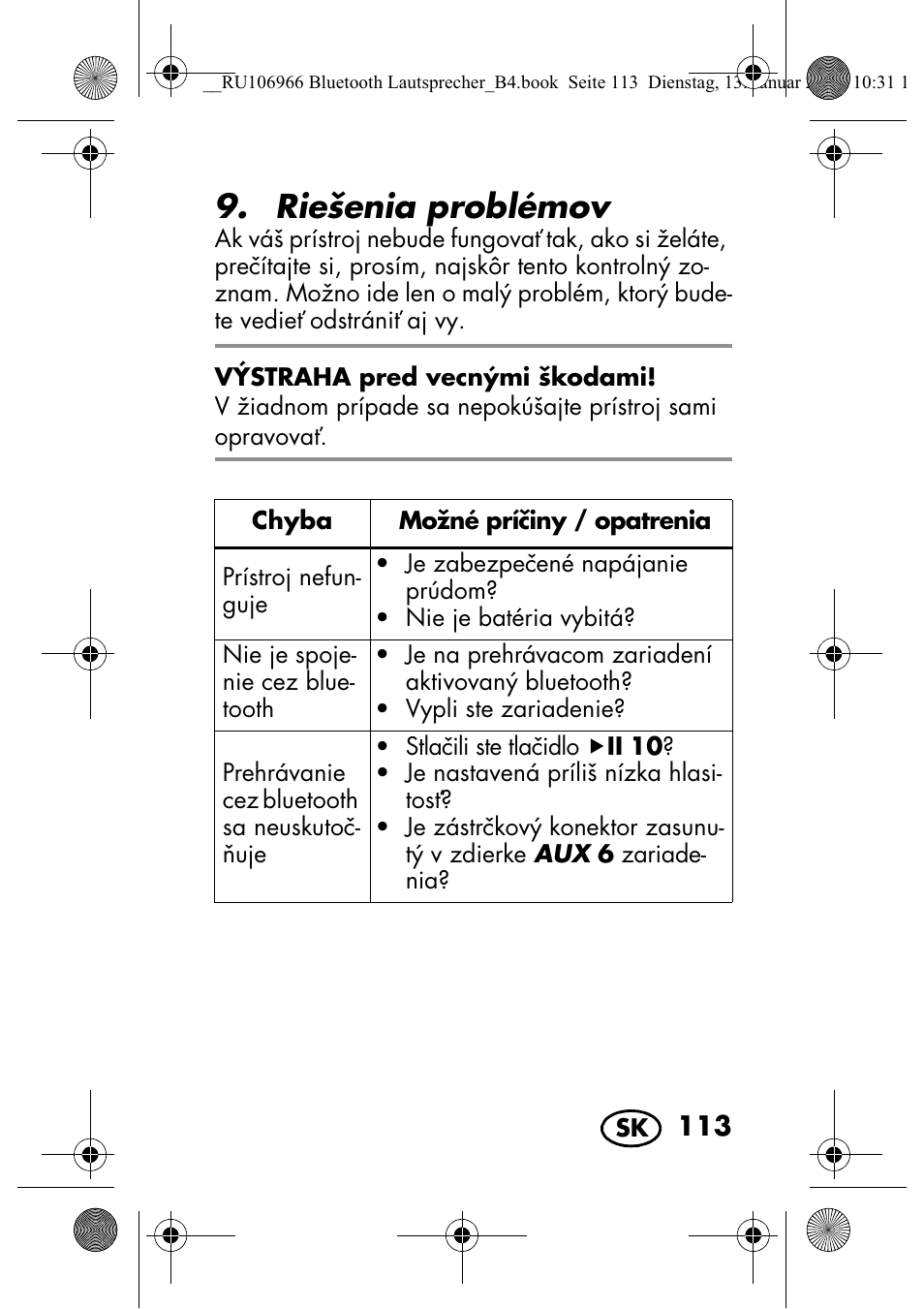 Riešenia problémov | Silvercrest SBL 44 A1 User Manual | Page 115 / 142