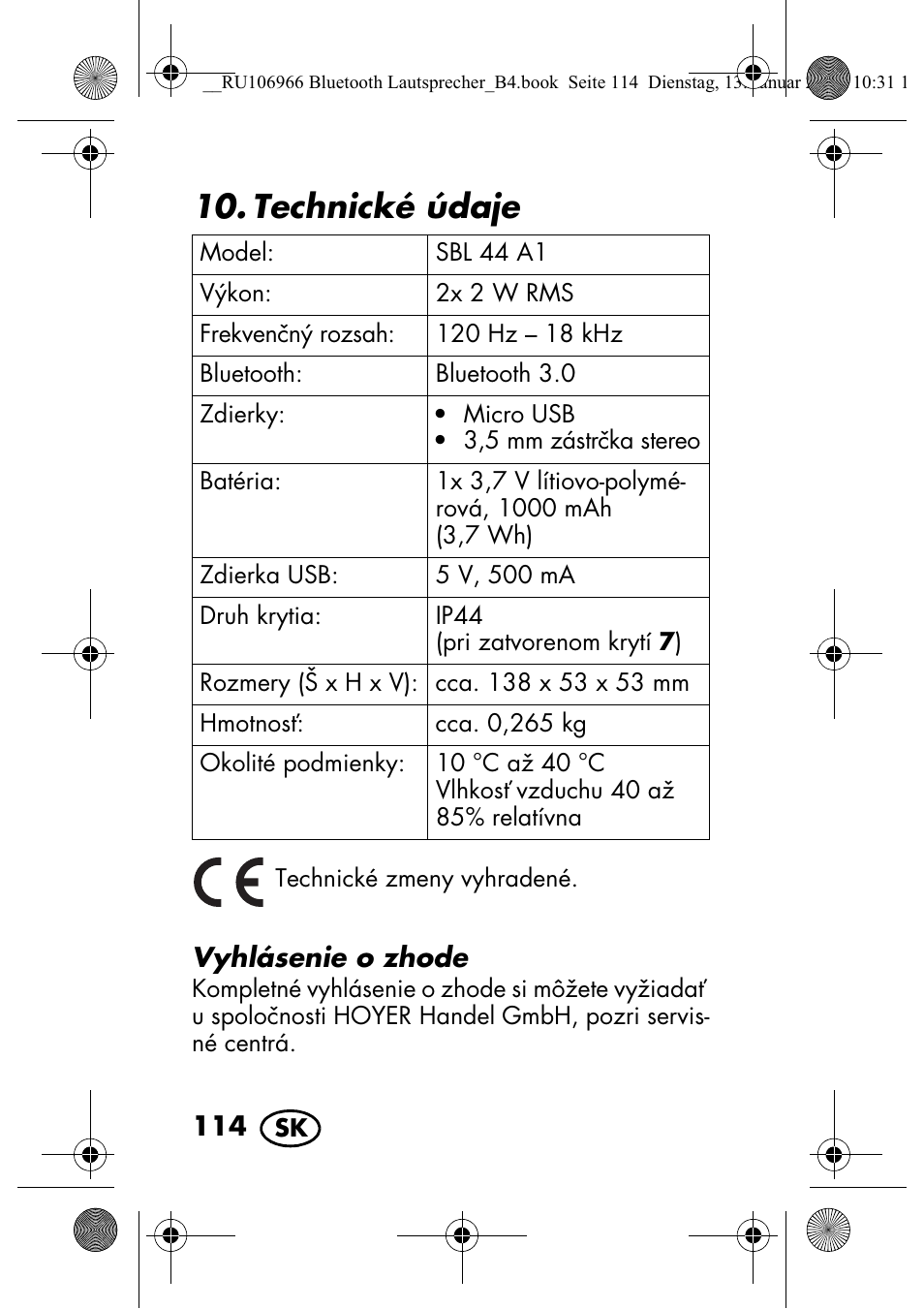 Technické údaje | Silvercrest SBL 44 A1 User Manual | Page 116 / 142