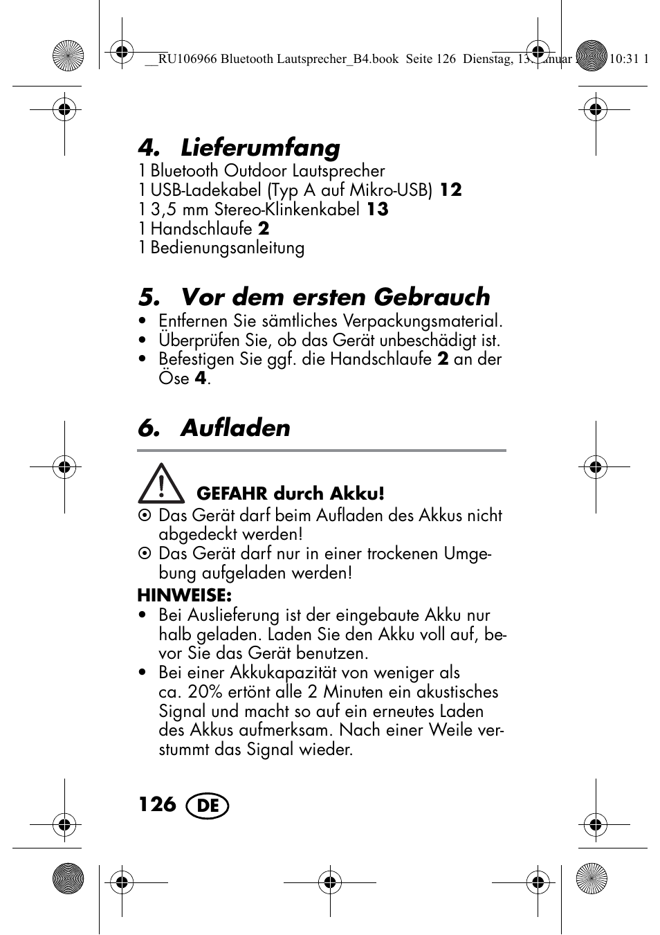 Lieferumfang, Vor dem ersten gebrauch, Aufladen | Silvercrest SBL 44 A1 User Manual | Page 128 / 142