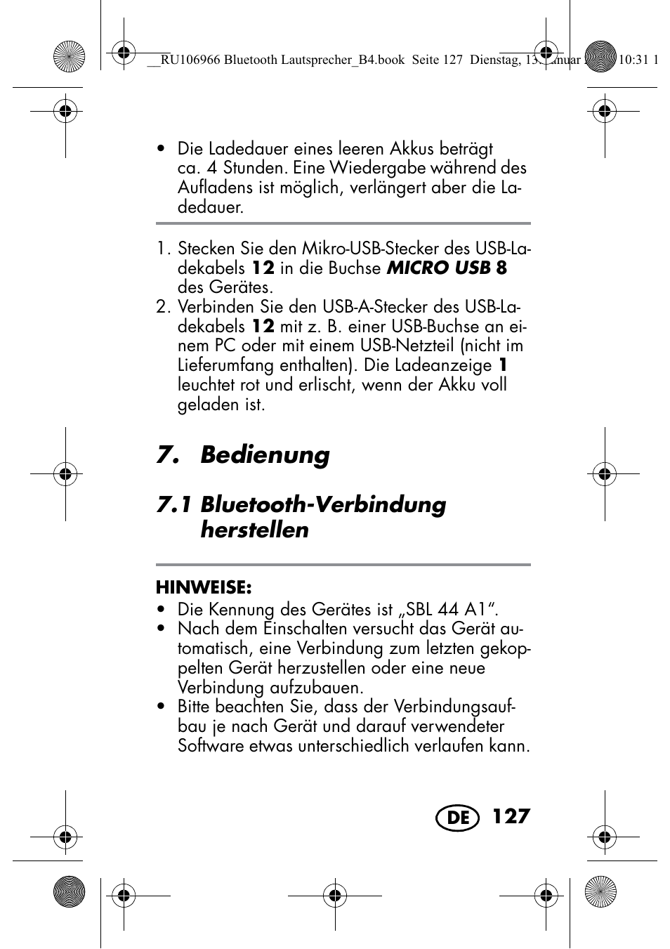 Bedienung, 1 bluetooth-verbindung herstellen | Silvercrest SBL 44 A1 User Manual | Page 129 / 142