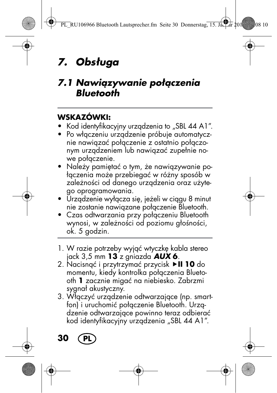 Obsuga, 1 nawizywanie poczenia bluetooth | Silvercrest SBL 44 A1 User Manual | Page 32 / 142