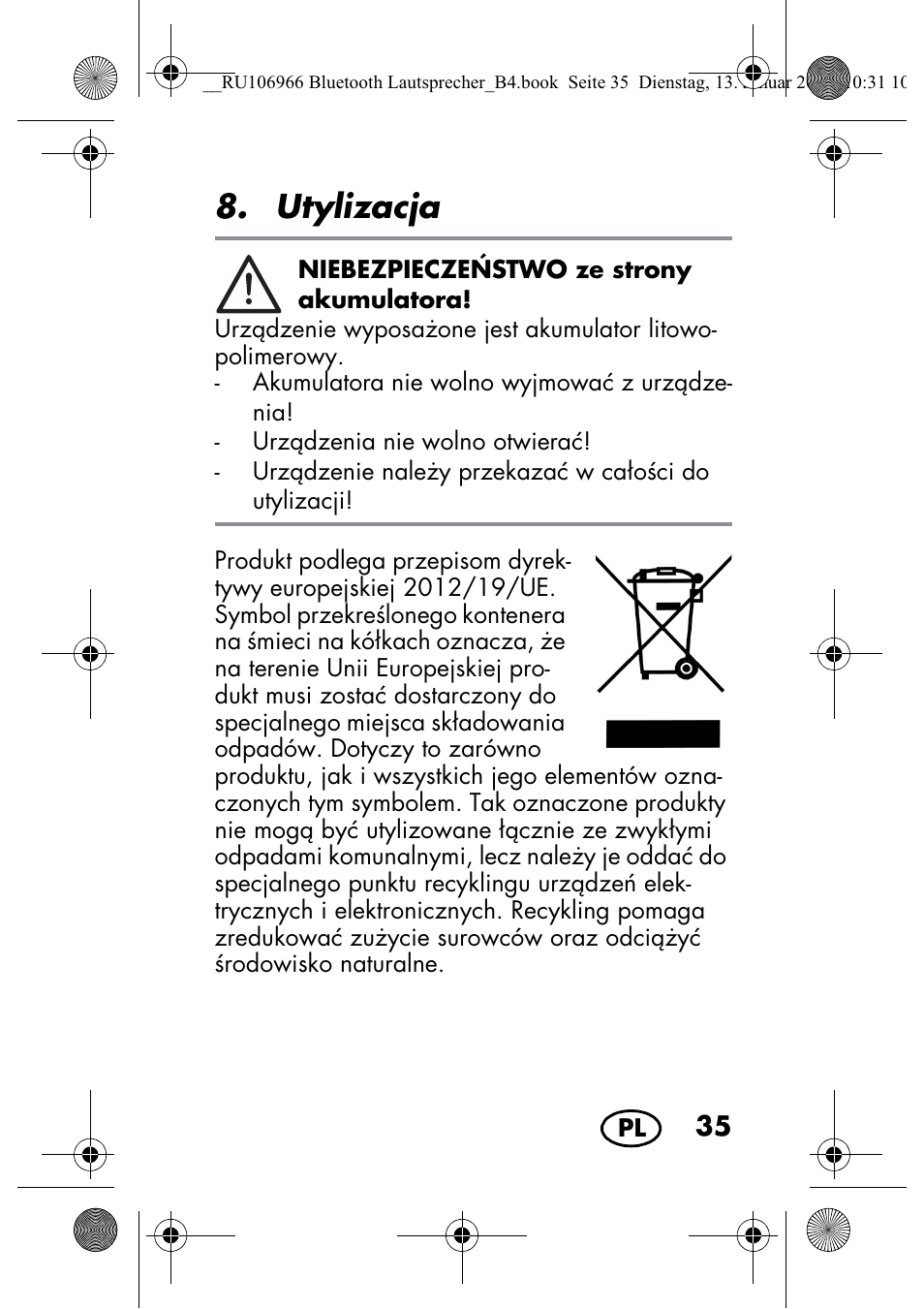 Utylizacja | Silvercrest SBL 44 A1 User Manual | Page 37 / 142