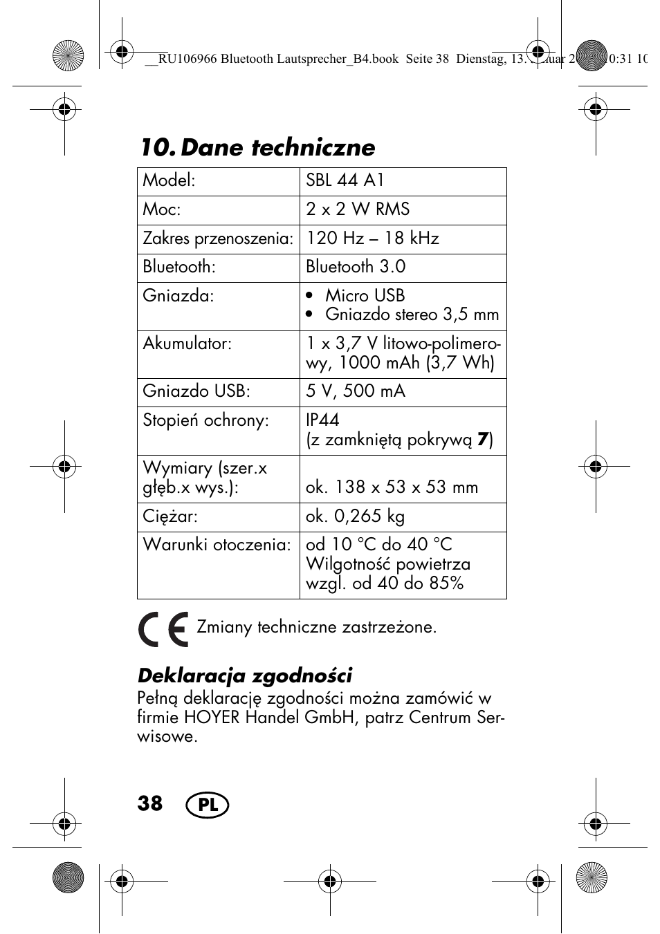 Dane techniczne | Silvercrest SBL 44 A1 User Manual | Page 40 / 142
