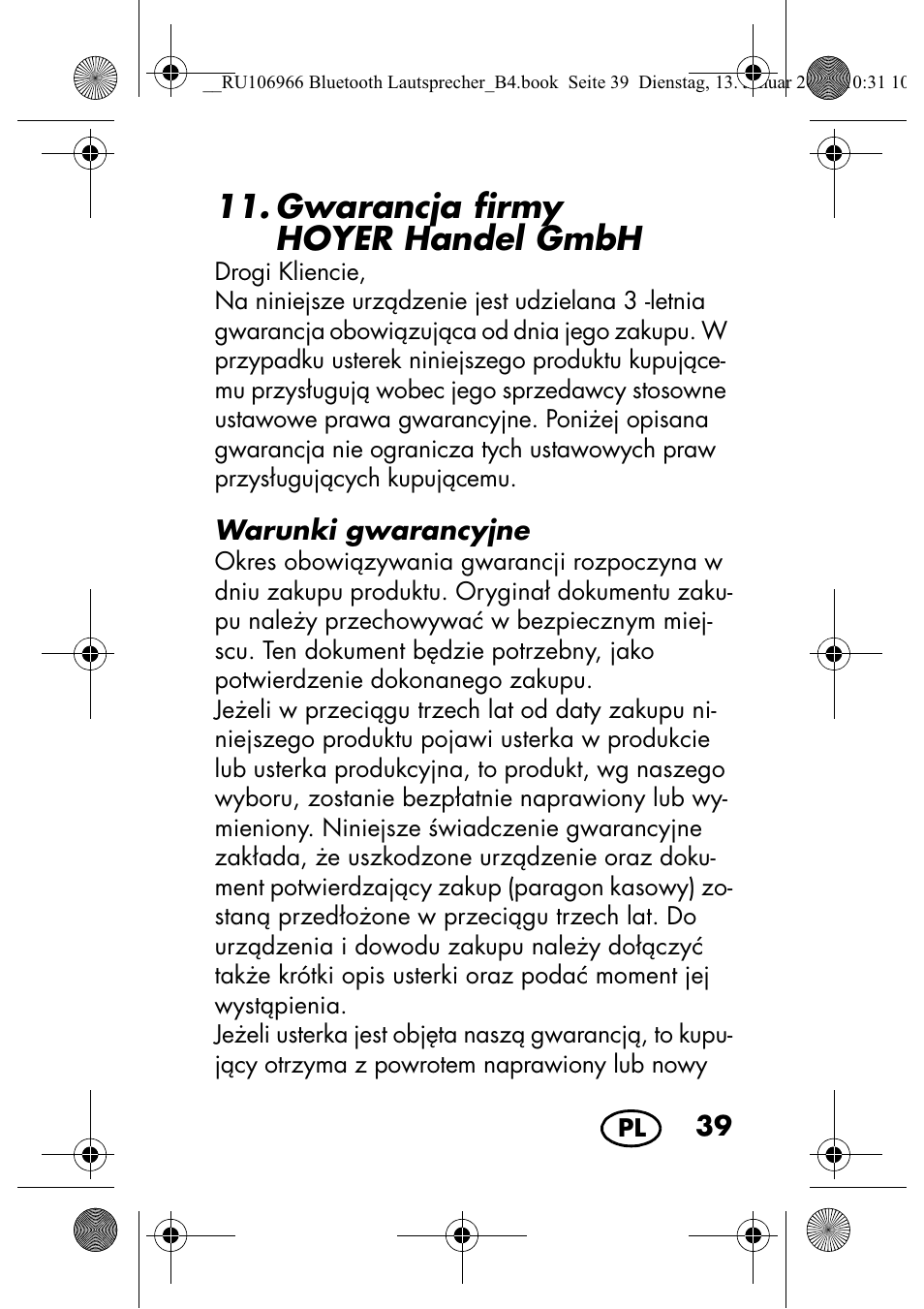 Gwarancja firmy hoyer handel gmbh | Silvercrest SBL 44 A1 User Manual | Page 41 / 142