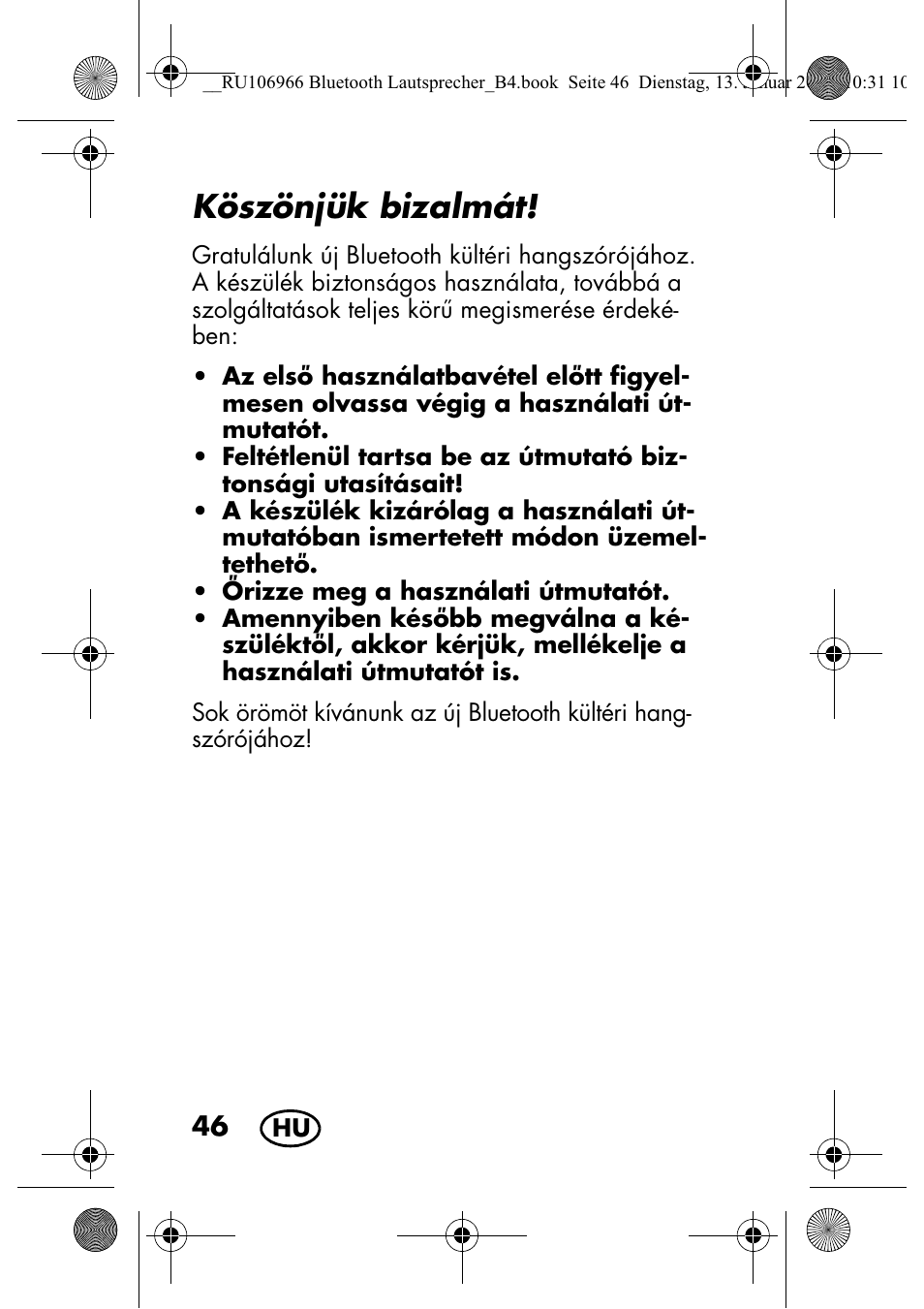 Köszönjük bizalmát | Silvercrest SBL 44 A1 User Manual | Page 48 / 142
