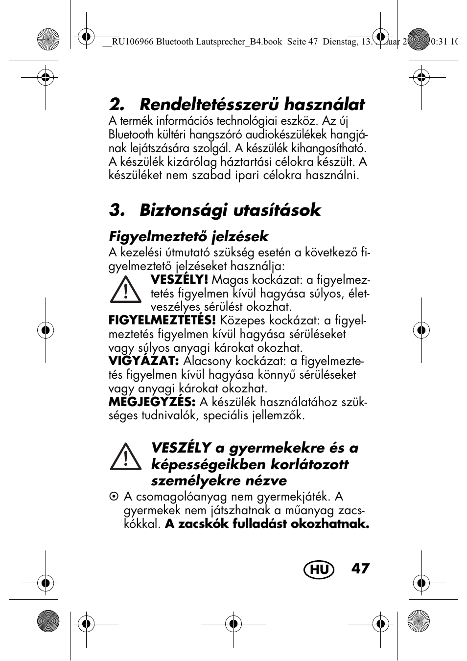 Rendeltetésszer használat, Biztonsági utasítások | Silvercrest SBL 44 A1 User Manual | Page 49 / 142