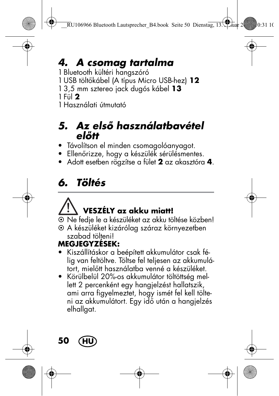 A csomag tartalma, Az els használatbavétel eltt, Töltés | Silvercrest SBL 44 A1 User Manual | Page 52 / 142