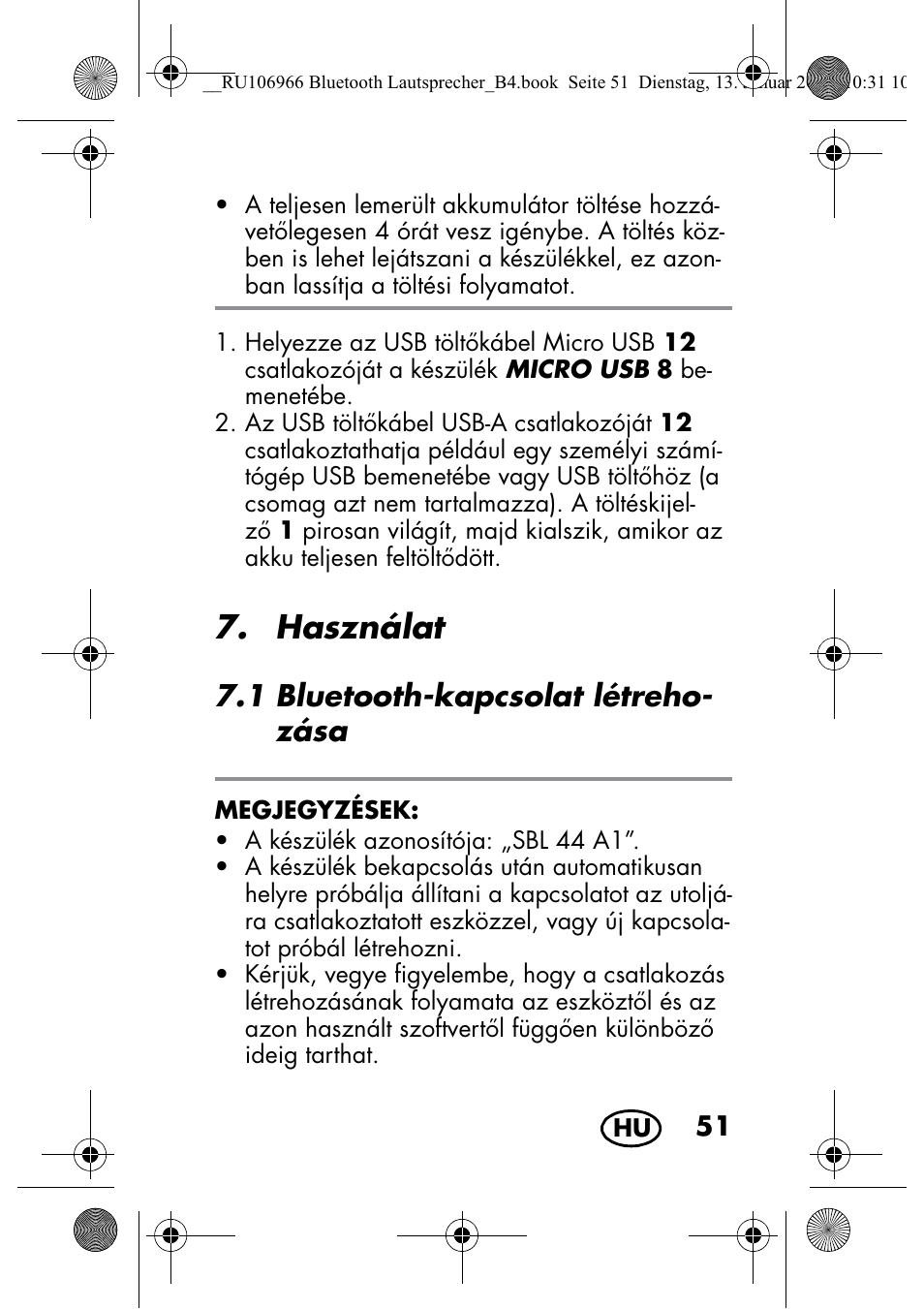 Használat, 1 bluetooth-kapcsolat létreho- zása | Silvercrest SBL 44 A1 User Manual | Page 53 / 142