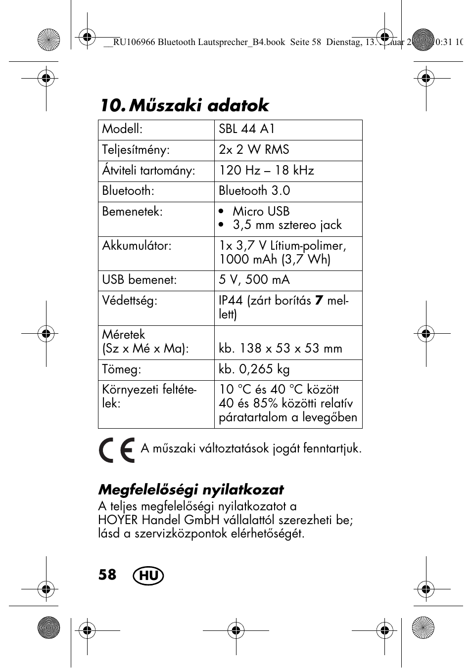 Mszaki adatok | Silvercrest SBL 44 A1 User Manual | Page 60 / 142