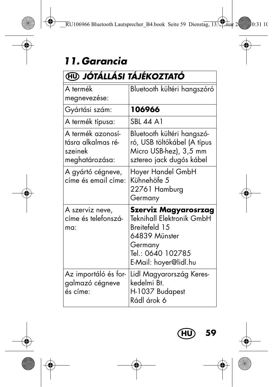 Garancia | Silvercrest SBL 44 A1 User Manual | Page 61 / 142