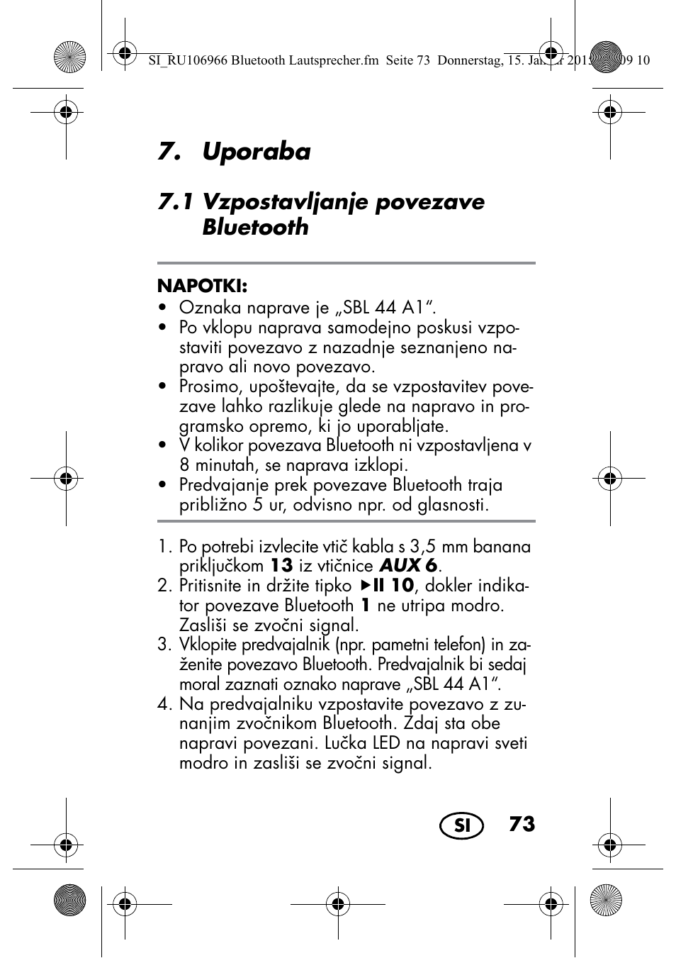 Uporaba, 1 vzpostavljanje povezave bluetooth | Silvercrest SBL 44 A1 User Manual | Page 75 / 142