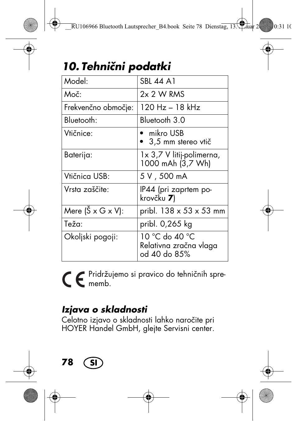 Tehnini podatki | Silvercrest SBL 44 A1 User Manual | Page 80 / 142