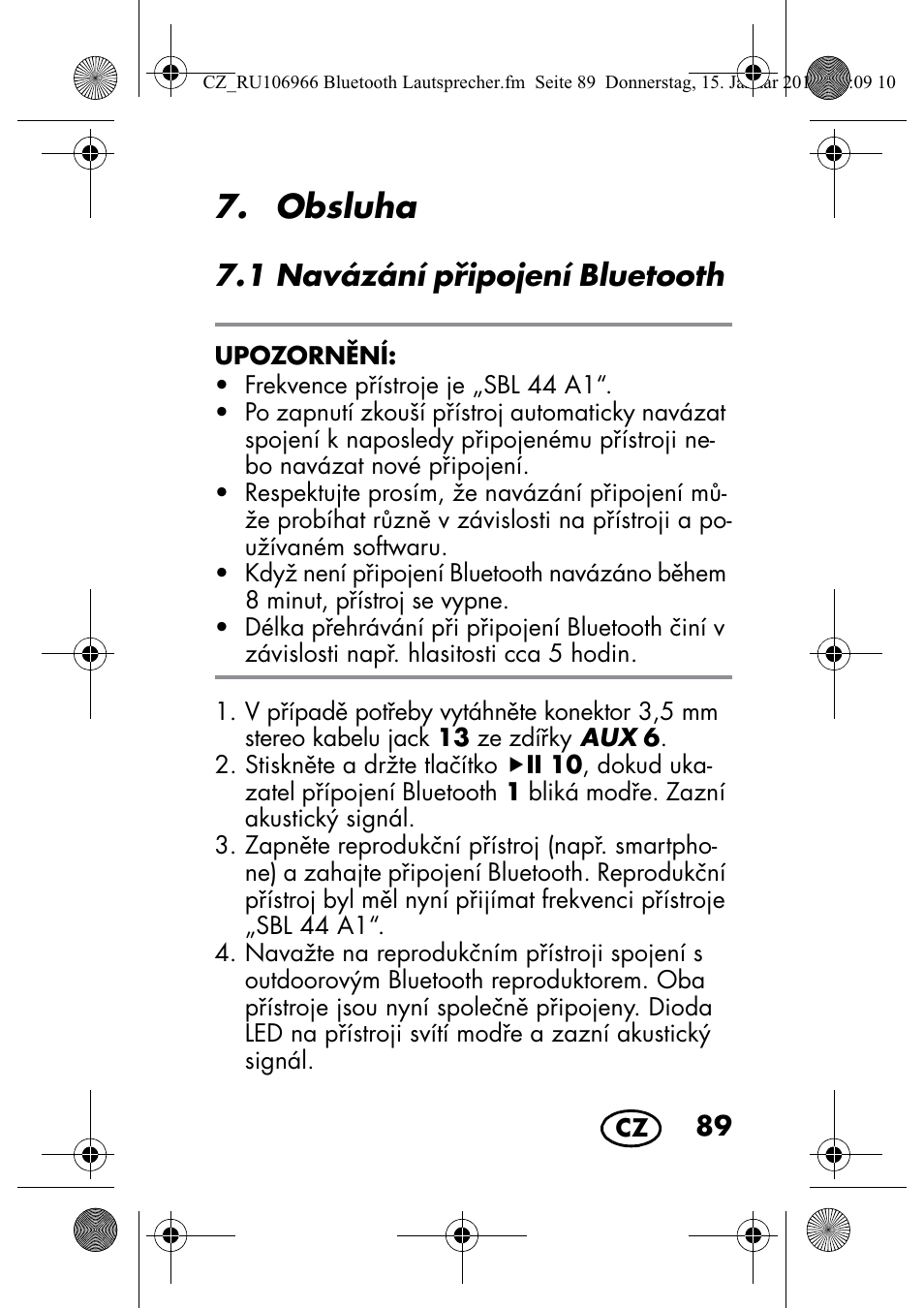 Obsluha, 1 navázání pipojení bluetooth | Silvercrest SBL 44 A1 User Manual | Page 91 / 142