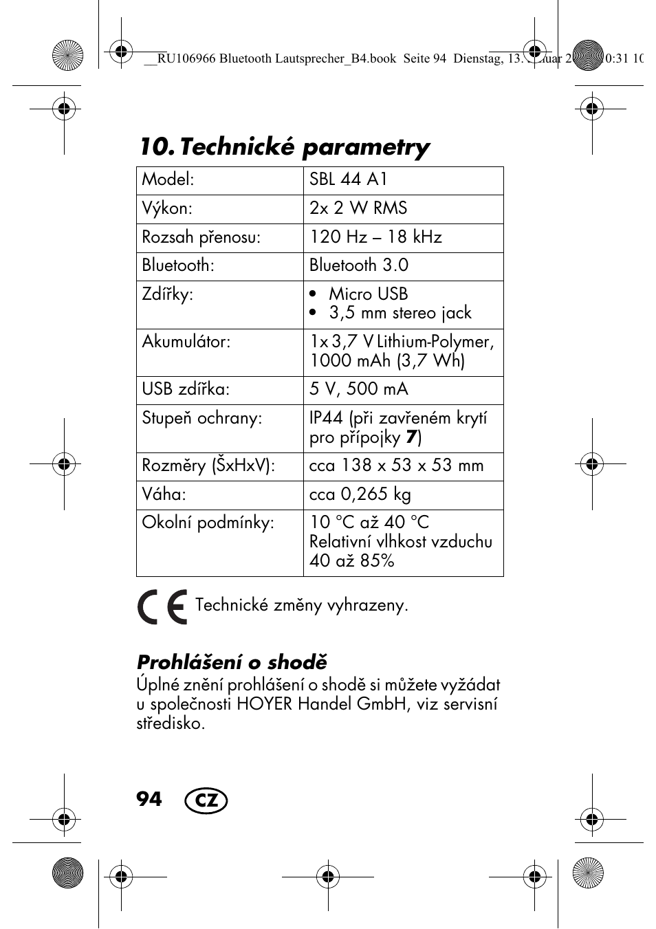 Technické parametry | Silvercrest SBL 44 A1 User Manual | Page 96 / 142