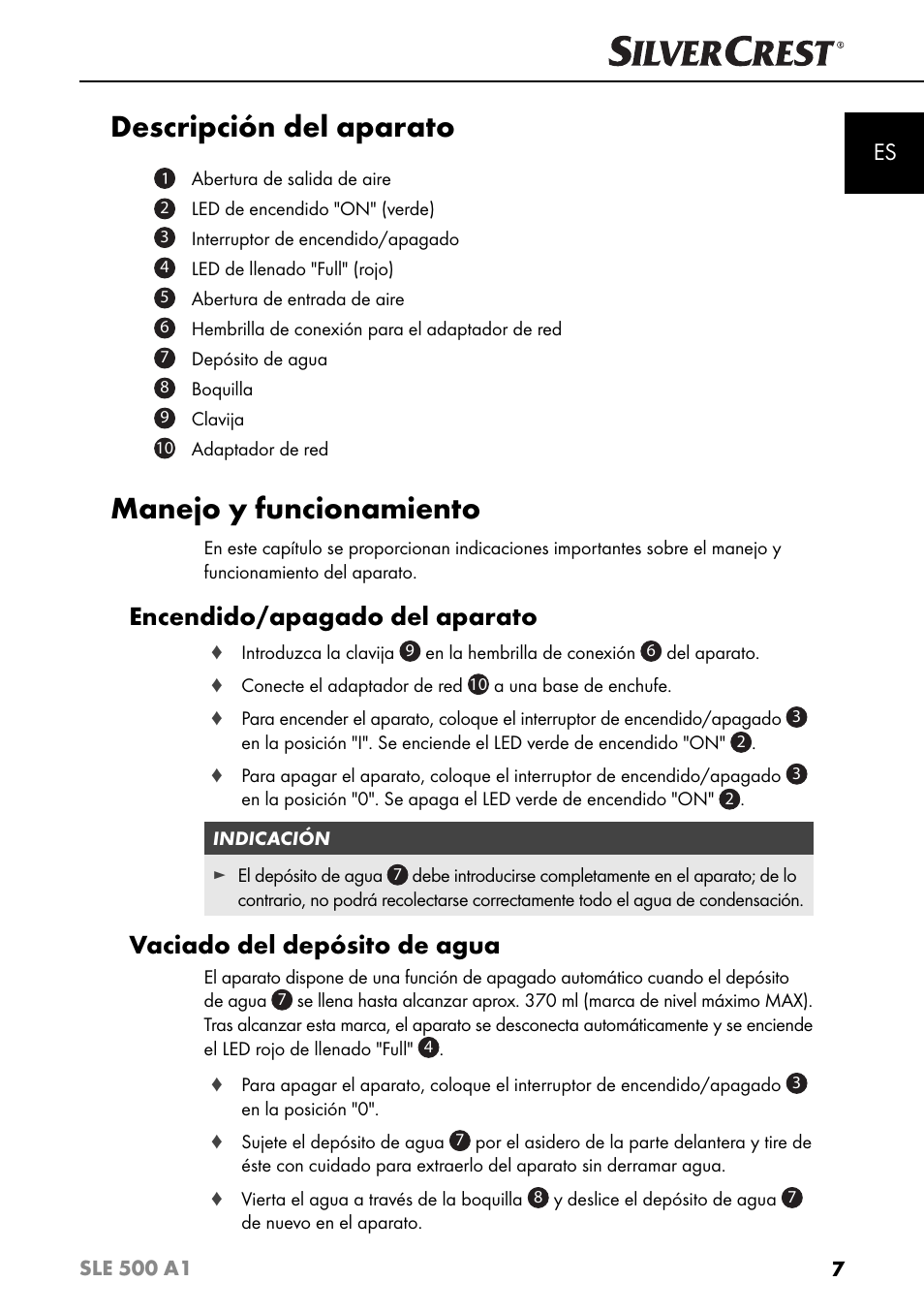 Descripción del aparato, Manejo y funcionamiento, Encendido/apagado del aparato | Vaciado del depósito de agua | Silvercrest SLE 500 A1 User Manual | Page 10 / 52