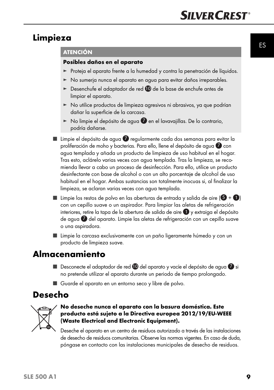 Limpieza, Almacenamiento, Desecho | Silvercrest SLE 500 A1 User Manual | Page 12 / 52