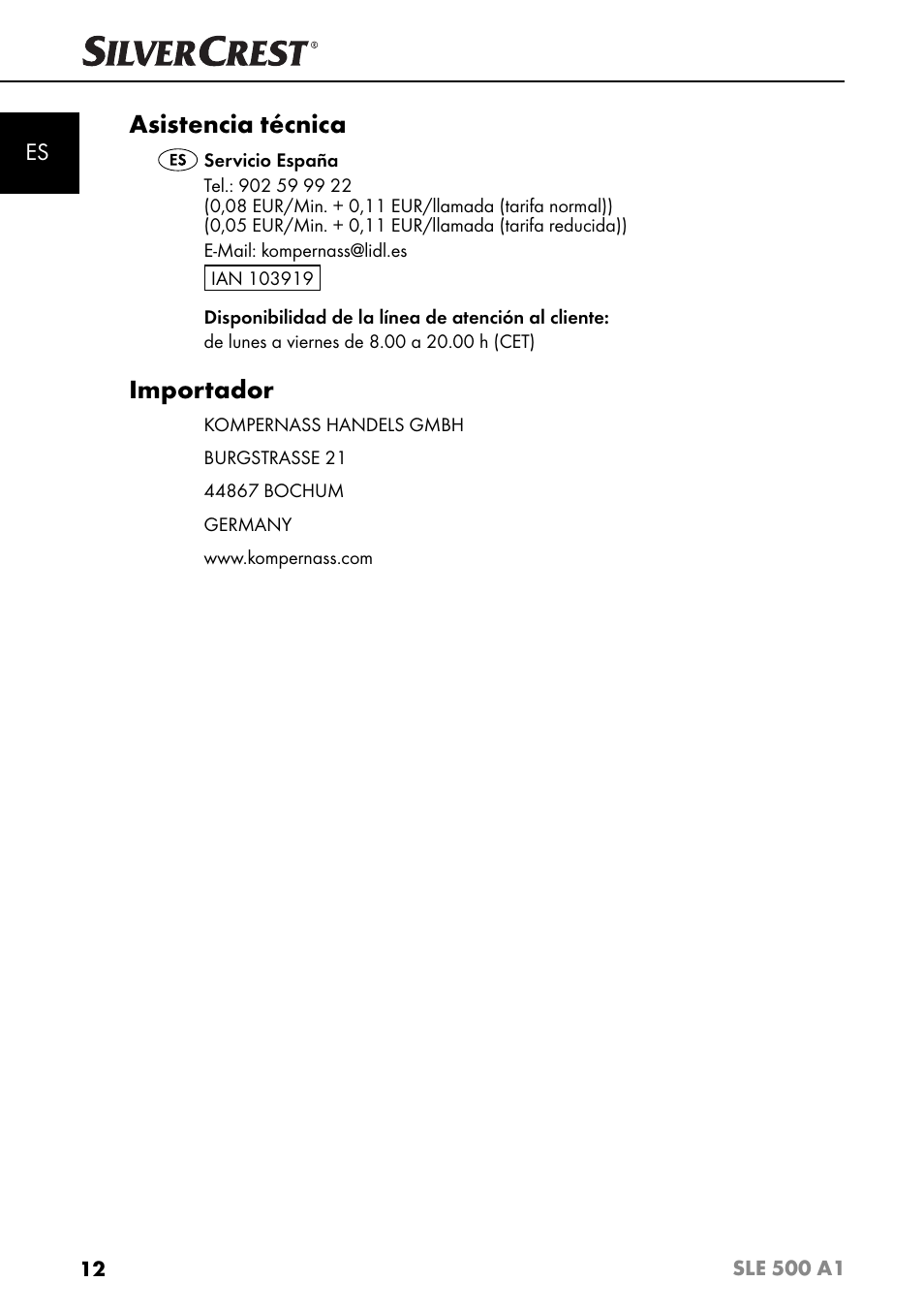Asistencia técnica, Importador | Silvercrest SLE 500 A1 User Manual | Page 15 / 52