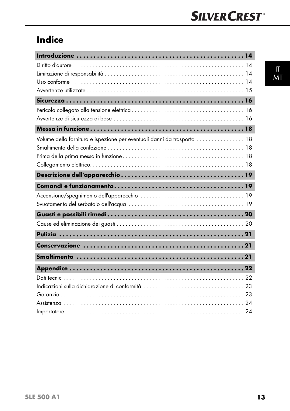 Indice, It mt | Silvercrest SLE 500 A1 User Manual | Page 16 / 52