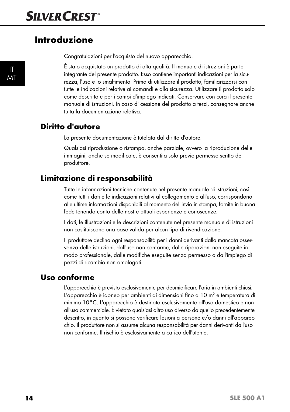 Introduzione, Diritto d'autore, Limitazione di responsabilità | Uso conforme, It mt | Silvercrest SLE 500 A1 User Manual | Page 17 / 52