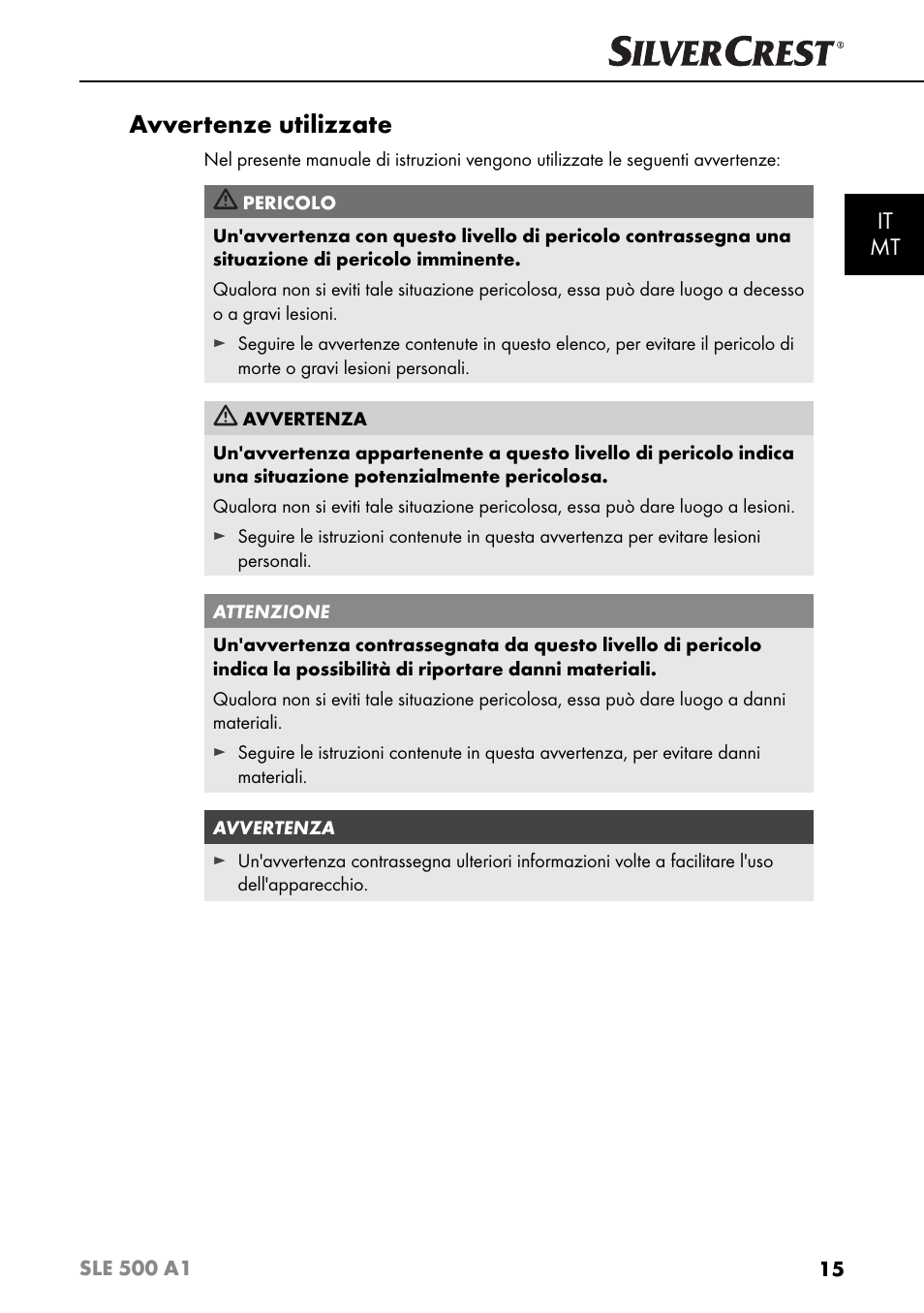 Avvertenze utilizzate, It mt | Silvercrest SLE 500 A1 User Manual | Page 18 / 52