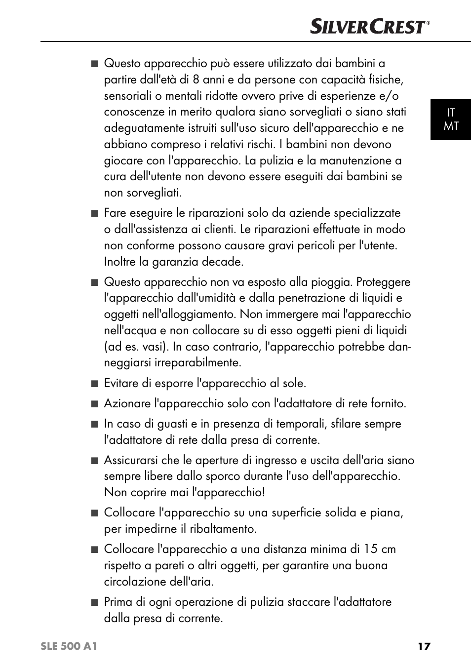 Evitare di esporre l'apparecchio al sole | Silvercrest SLE 500 A1 User Manual | Page 20 / 52