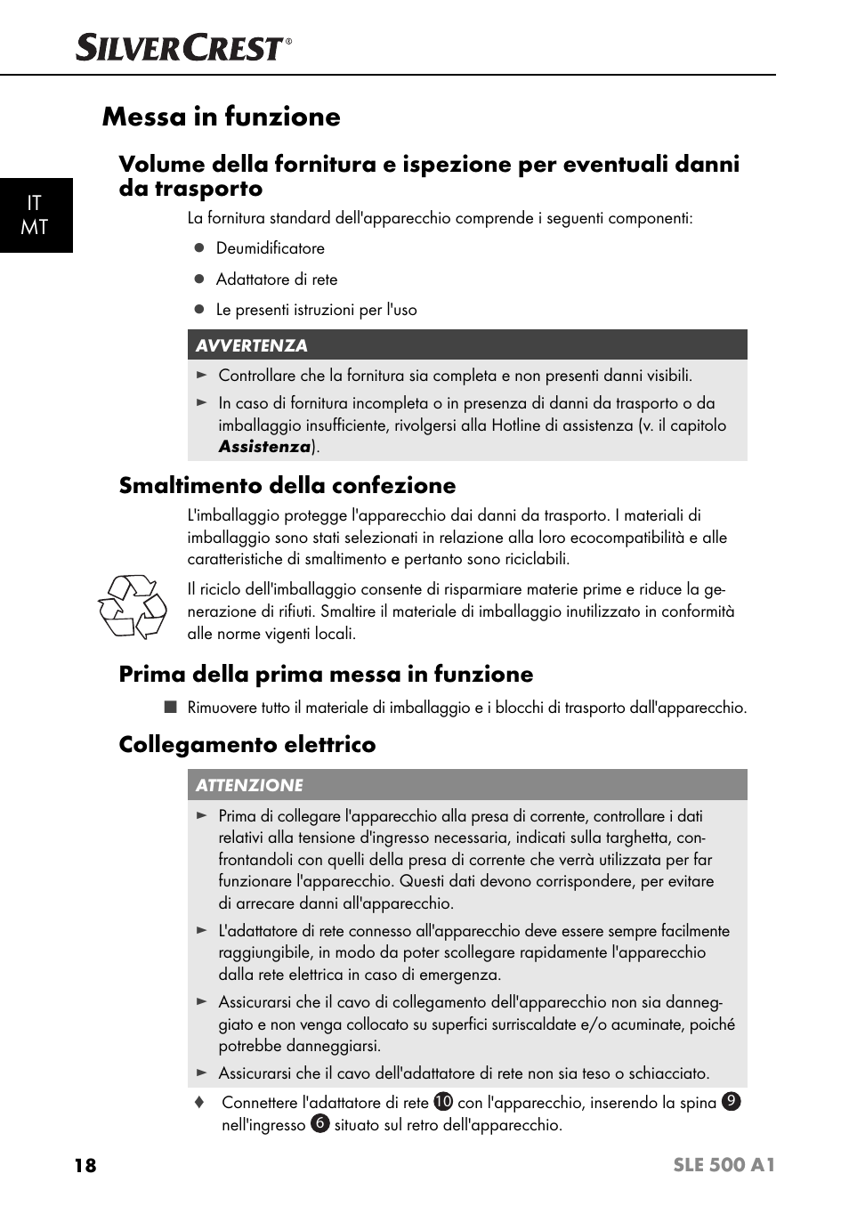 Messa in funzione, Smaltimento della confezione, Prima della prima messa in funzione | Collegamento elettrico, It mt | Silvercrest SLE 500 A1 User Manual | Page 21 / 52