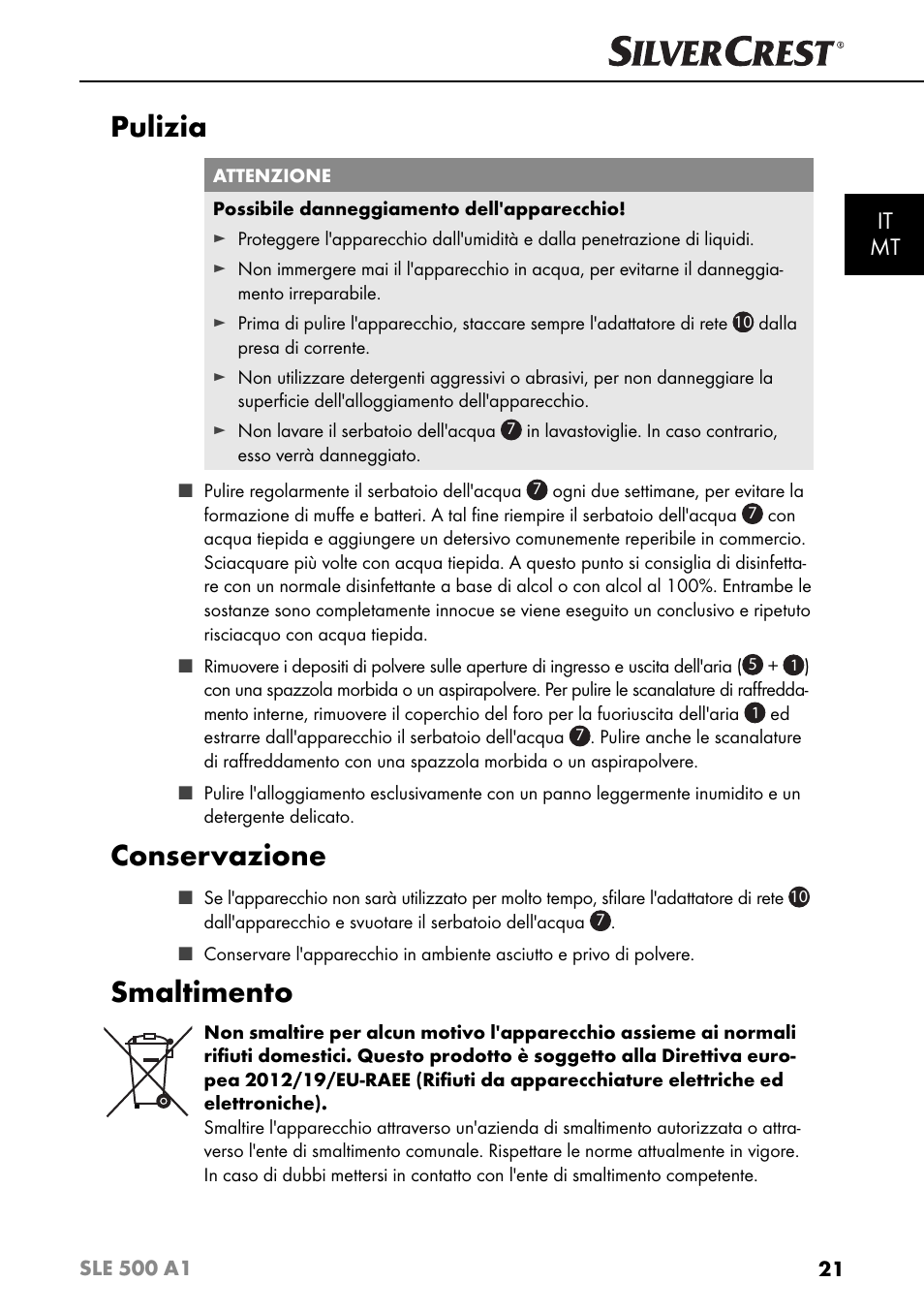 Pulizia, Conservazione, Smaltimento | It mt | Silvercrest SLE 500 A1 User Manual | Page 24 / 52