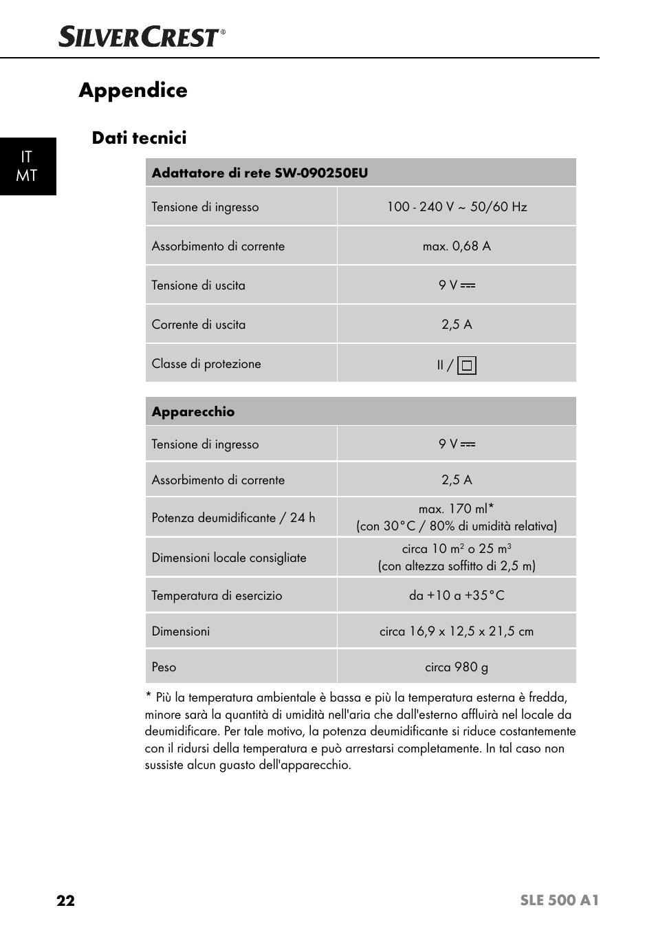 Appendice, Dati tecnici, It mt | Silvercrest SLE 500 A1 User Manual | Page 25 / 52