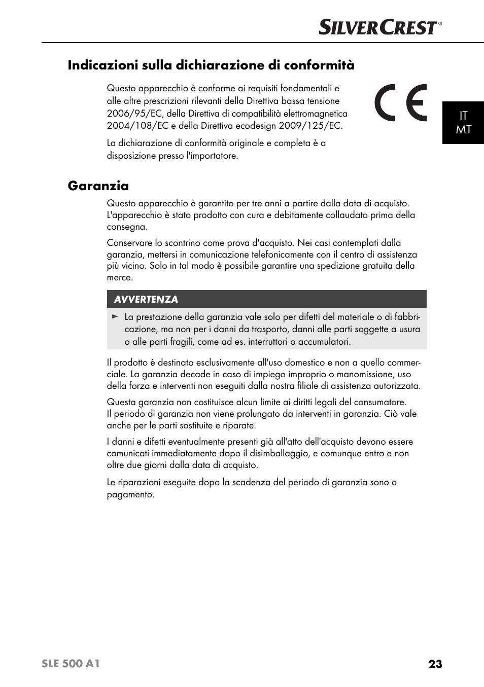 Indicazioni sulla dichiarazione di conformità, Garanzia, It mt | Silvercrest SLE 500 A1 User Manual | Page 26 / 52