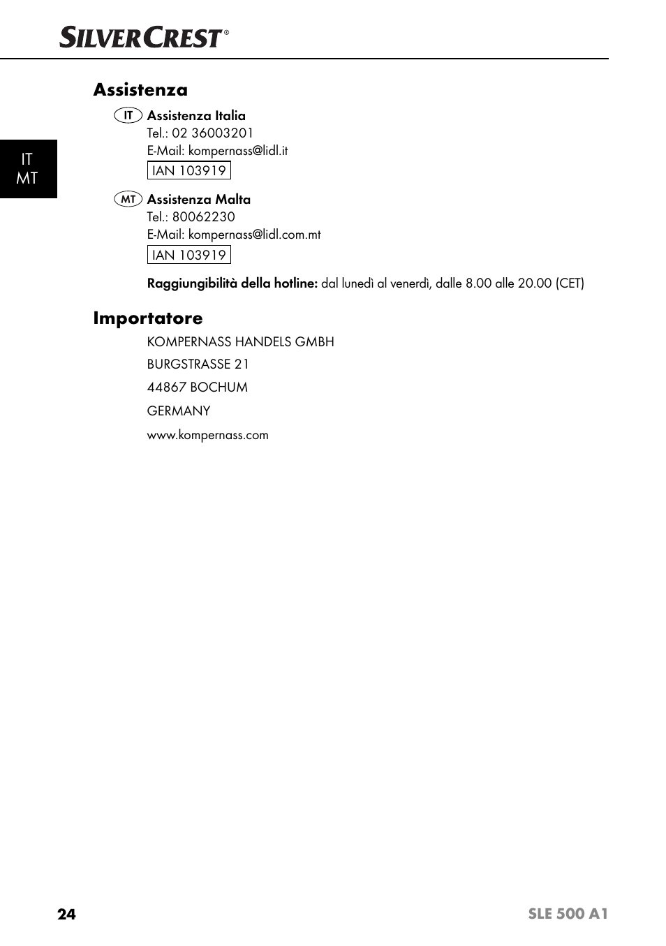Assistenza, Importatore, It mt | Silvercrest SLE 500 A1 User Manual | Page 27 / 52