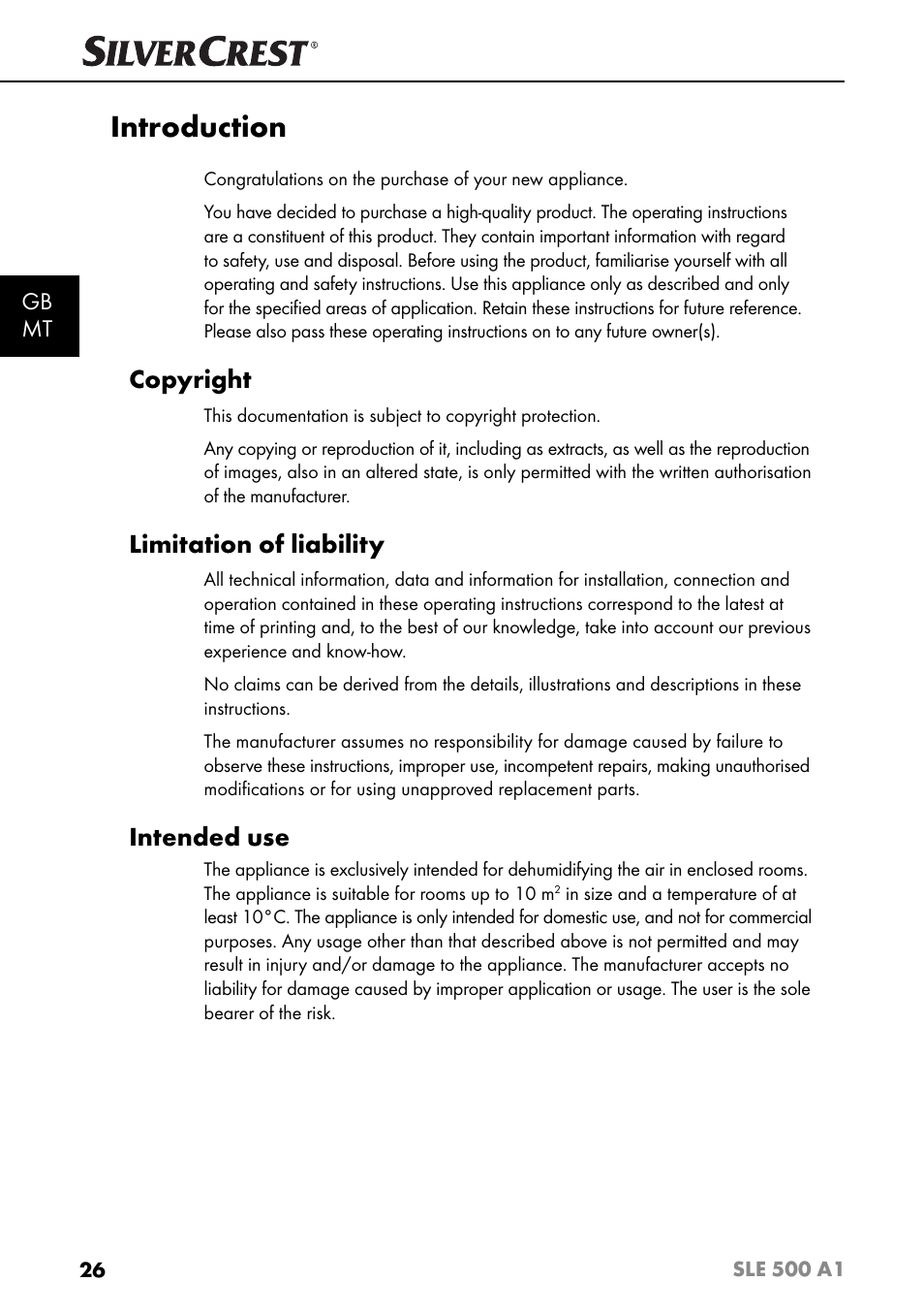 Introduction, Copyright, Limitation of liability | Intended use, Gb mt | Silvercrest SLE 500 A1 User Manual | Page 29 / 52