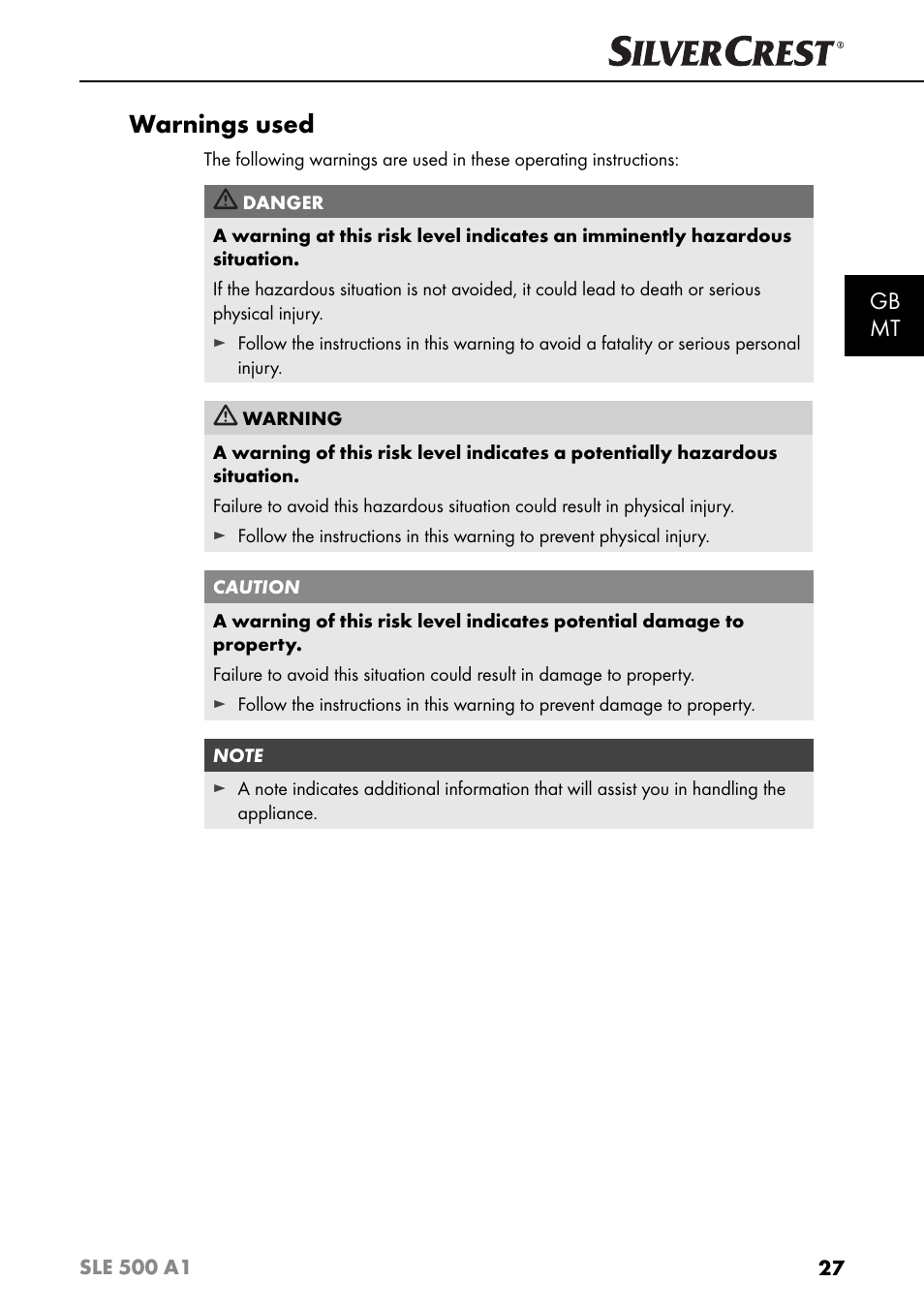 Warnings used, Gb mt | Silvercrest SLE 500 A1 User Manual | Page 30 / 52