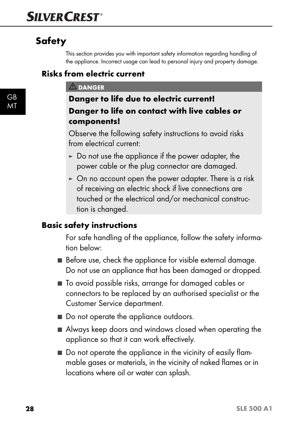 Safety, Risks from electric current, Do not operate the appliance outdoors | Silvercrest SLE 500 A1 User Manual | Page 31 / 52