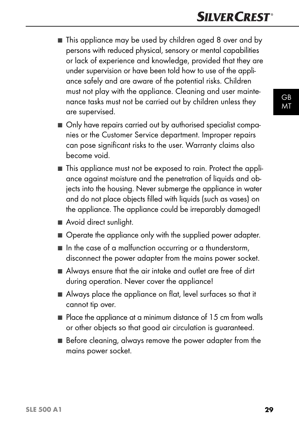 Avoid direct sunlight | Silvercrest SLE 500 A1 User Manual | Page 32 / 52