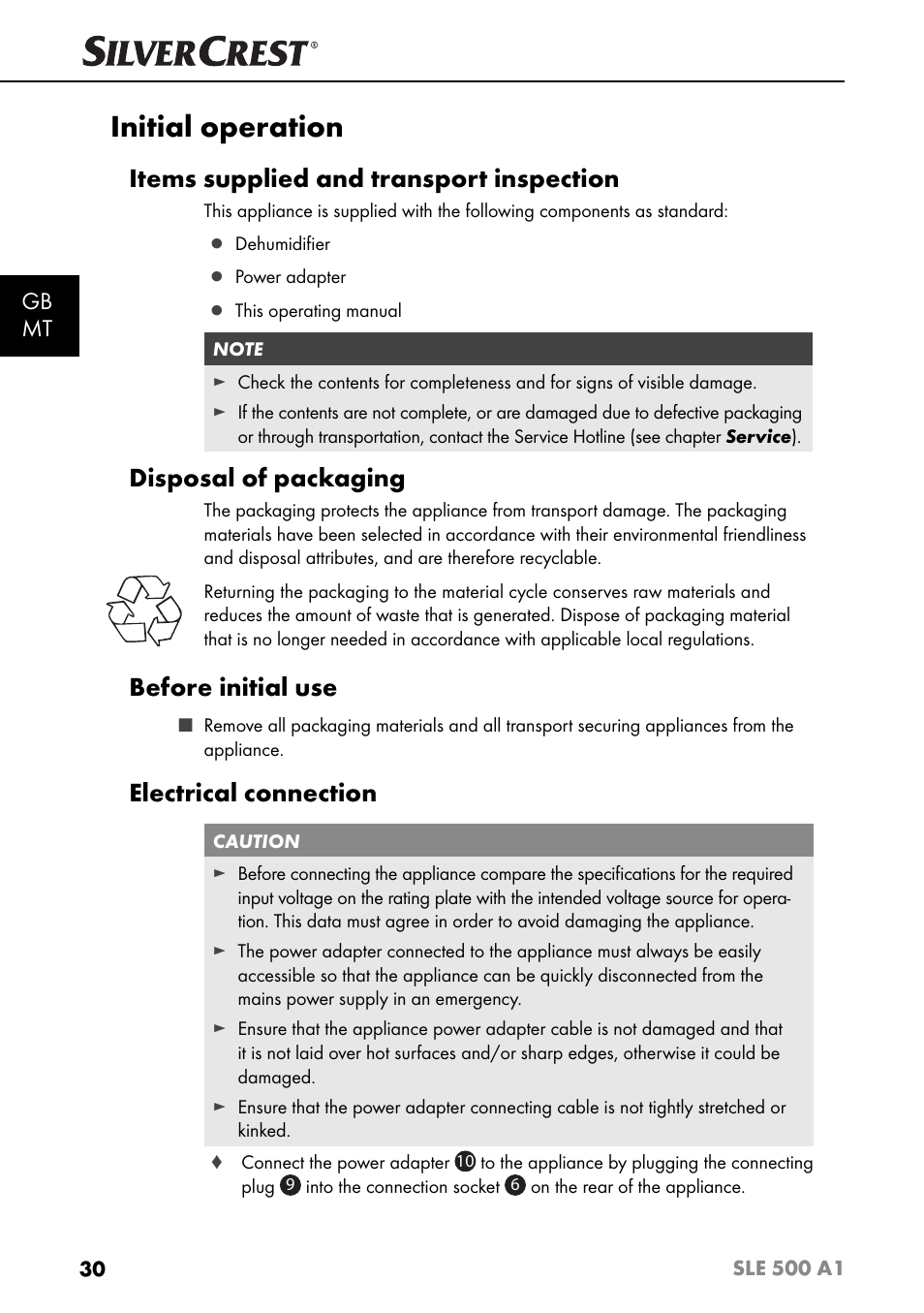 Initial operation, Items supplied and transport inspection, Disposal of packaging | Before initial use, Electrical connection, Gb mt | Silvercrest SLE 500 A1 User Manual | Page 33 / 52