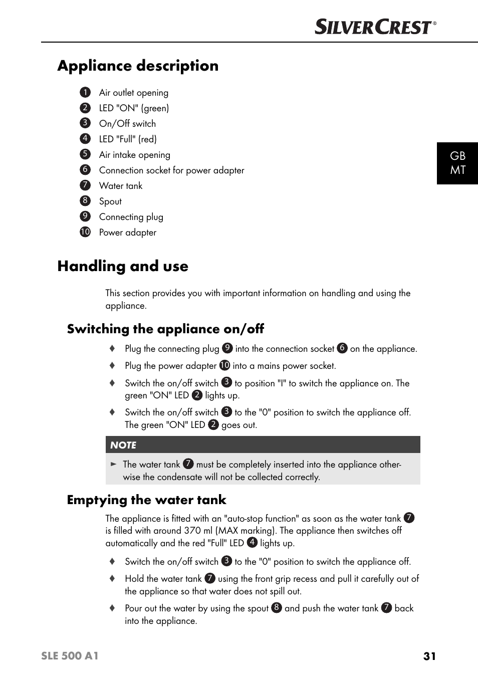 Appliance description, Handling and use, Switching the appliance on/oﬀ | Emptying the water tank, Gb mt | Silvercrest SLE 500 A1 User Manual | Page 34 / 52