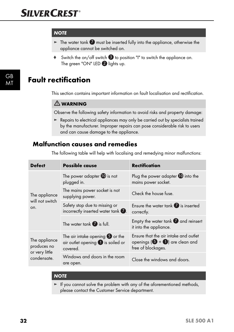 Fault rectiﬁ cation, Malfunction causes and remedies, Gb mt | Silvercrest SLE 500 A1 User Manual | Page 35 / 52