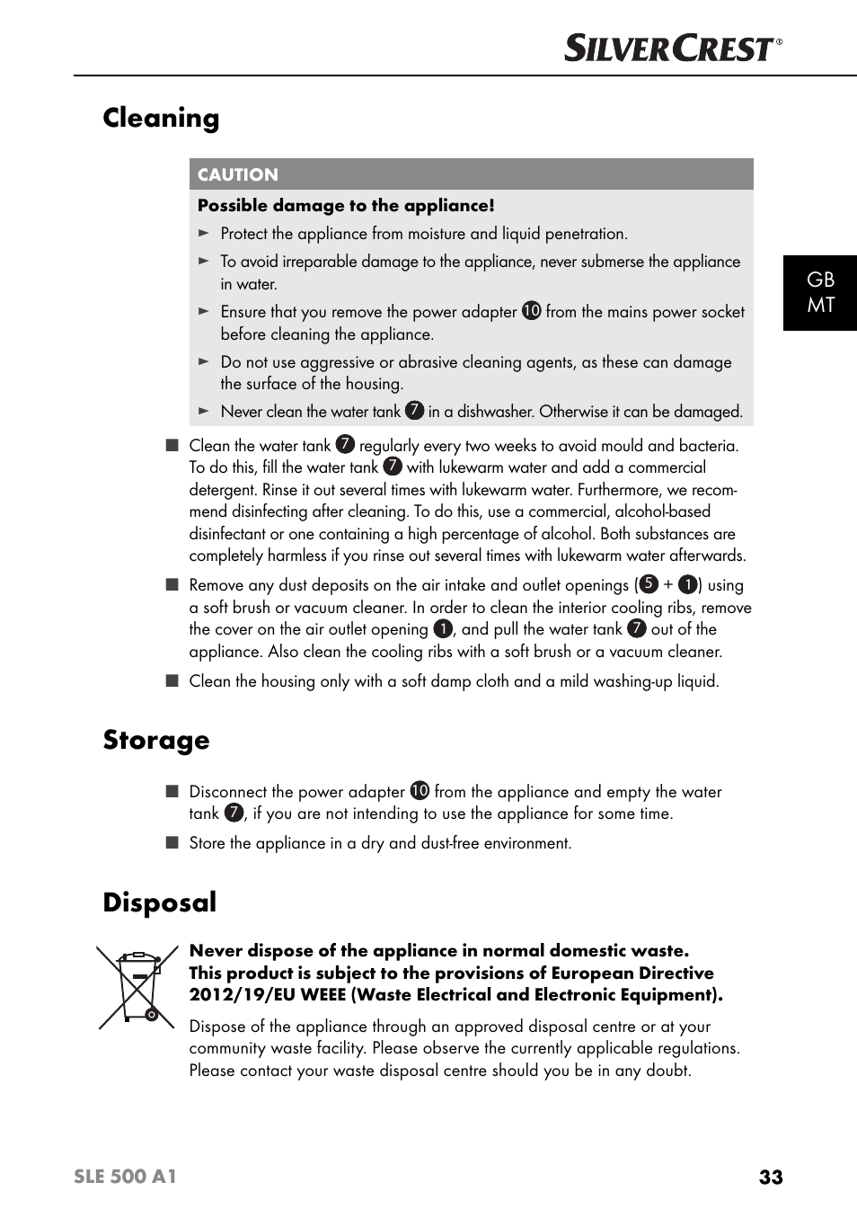 Cleaning, Storage, Disposal | Gb mt | Silvercrest SLE 500 A1 User Manual | Page 36 / 52